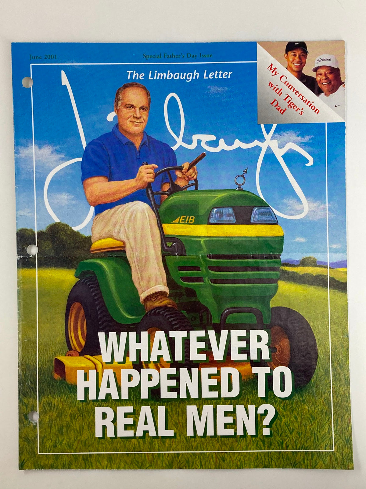Rush Limbaugh Letter Newsletter Magazine June 2001 cover featuring a man on a tractor with the title 'Whatever Happened to Real Men?' and a note about Tiger Woods' father.