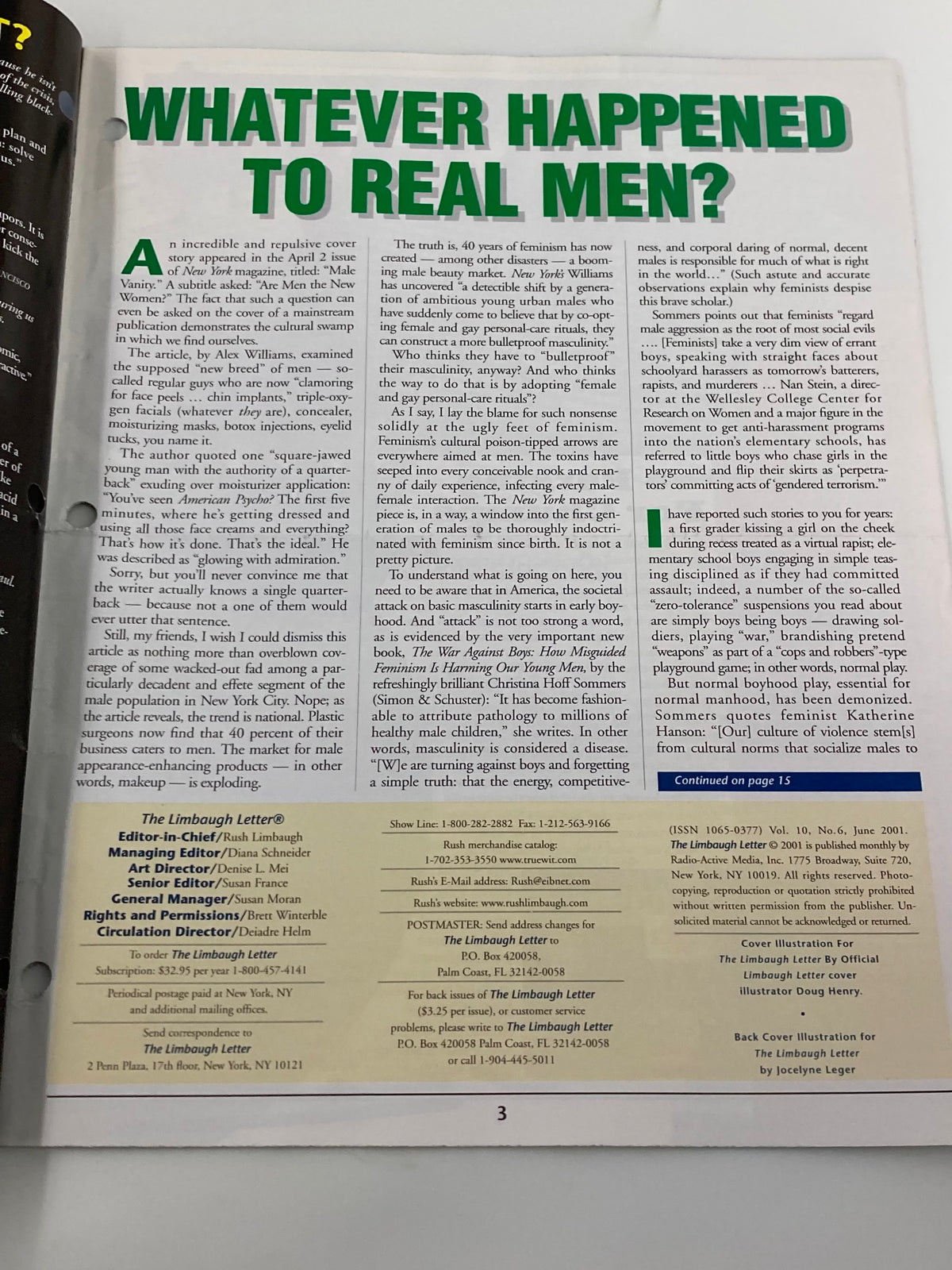 Page from Rush Limbaugh Letter Newsletter Magazine June 2001 displaying the text 'Whatever Happened to Real Men?' highlighting articles and commentary.