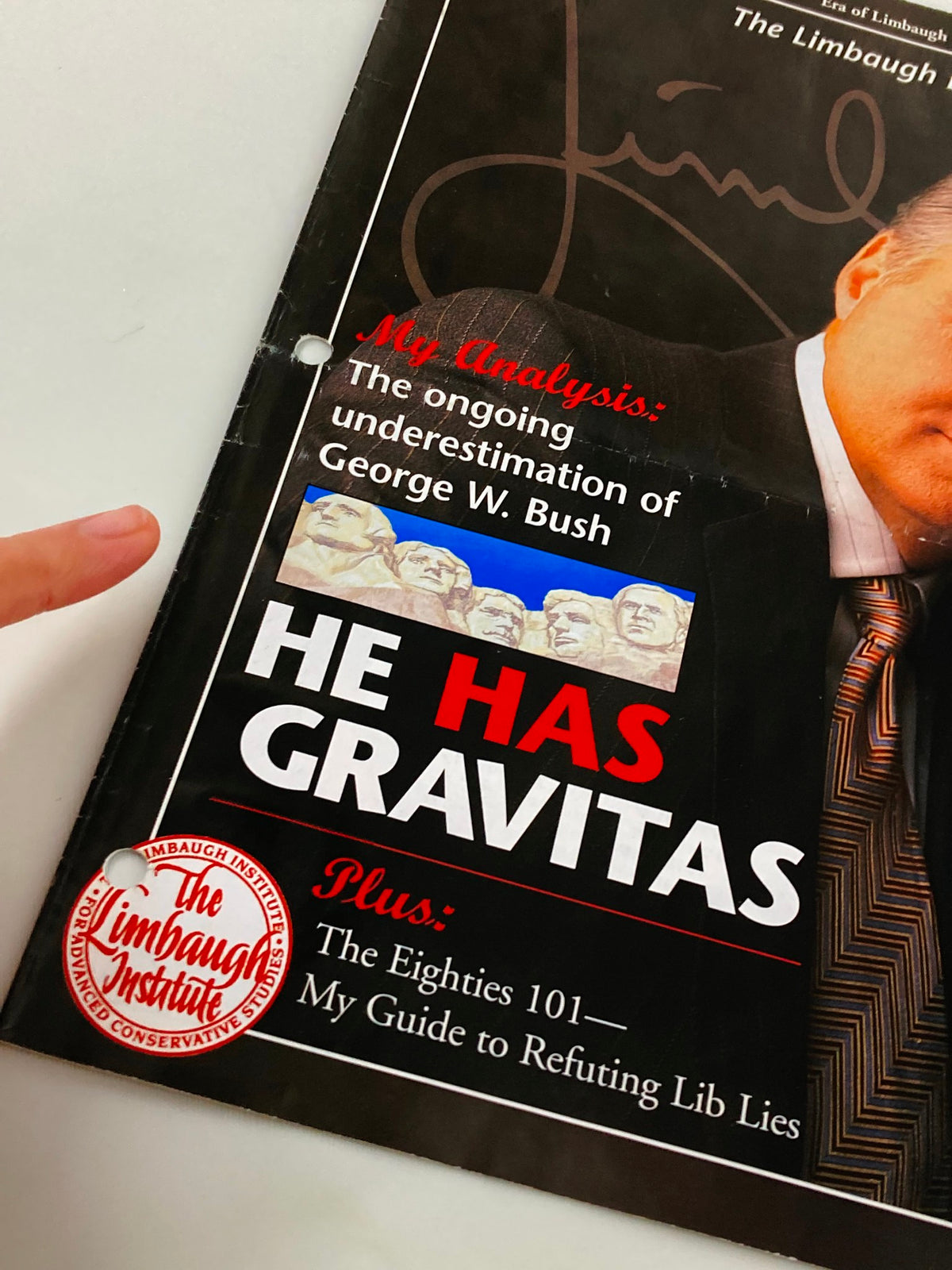 Close-up of the Rush Limbaugh Letter Newsletter Magazine cover showing the title "He Has Gravitas" with a focus on George W. Bush and the Limbaugh Institute logo.