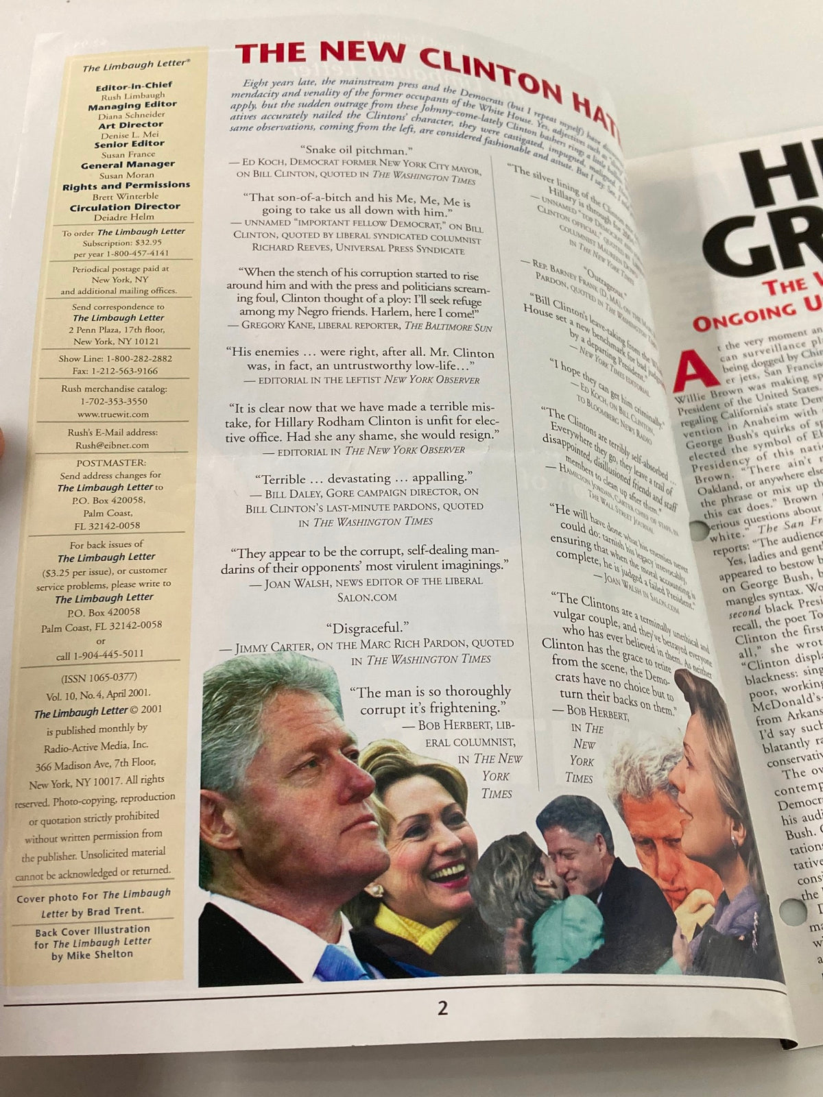 Interior page of the Rush Limbaugh Letter Newsletter Magazine from April 2001, featuring critiques of Bill and Hillary Clinton alongside the section titled 'My Analysis: The ongoing underestimation of George W. Bush.'