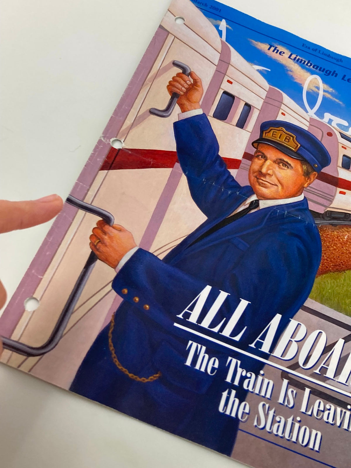 Close-up of the Rush Limbaugh Letter Newsletter Magazine from March 2001 showing the cover illustration and the title 'ALL ABOARD! The Train Is Leaving the Station'.