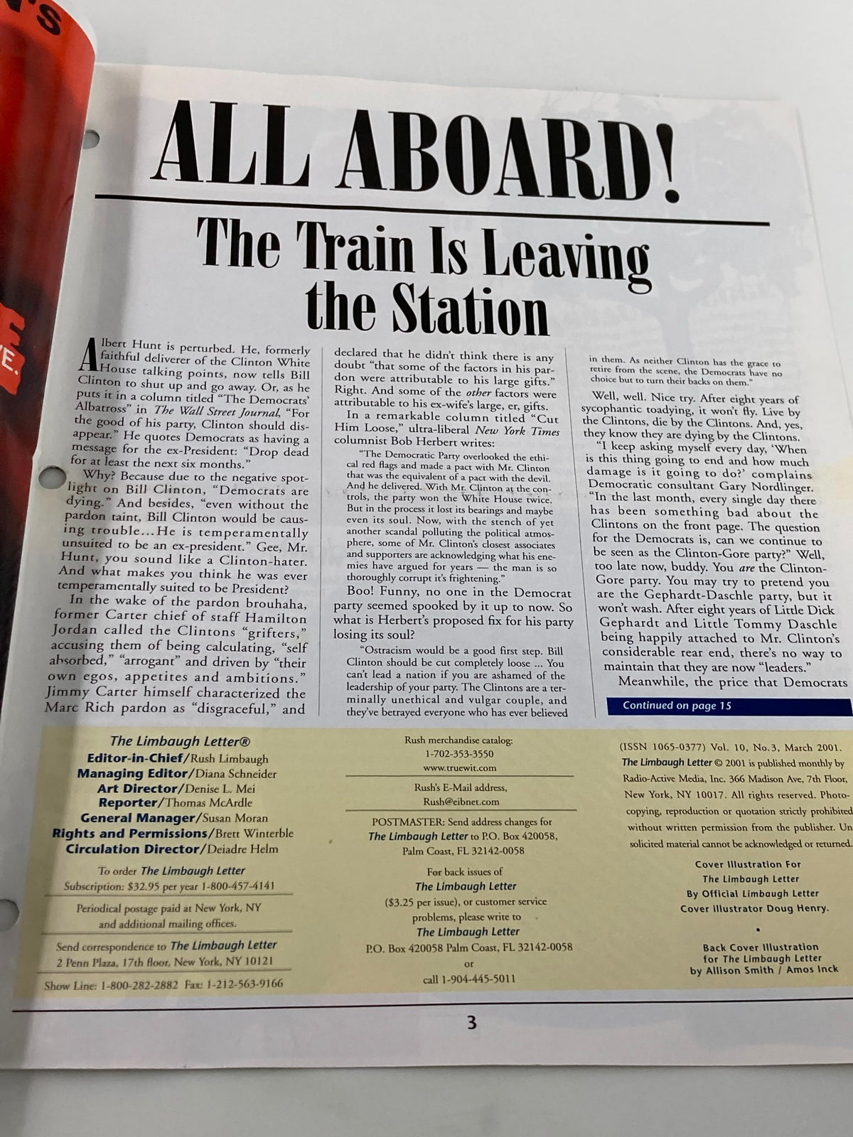 Interior page of the Rush Limbaugh Letter Newsletter Magazine March 2001, showcasing the text with the title 'ALL ABOARD! The Train Is Leaving the Station'.
