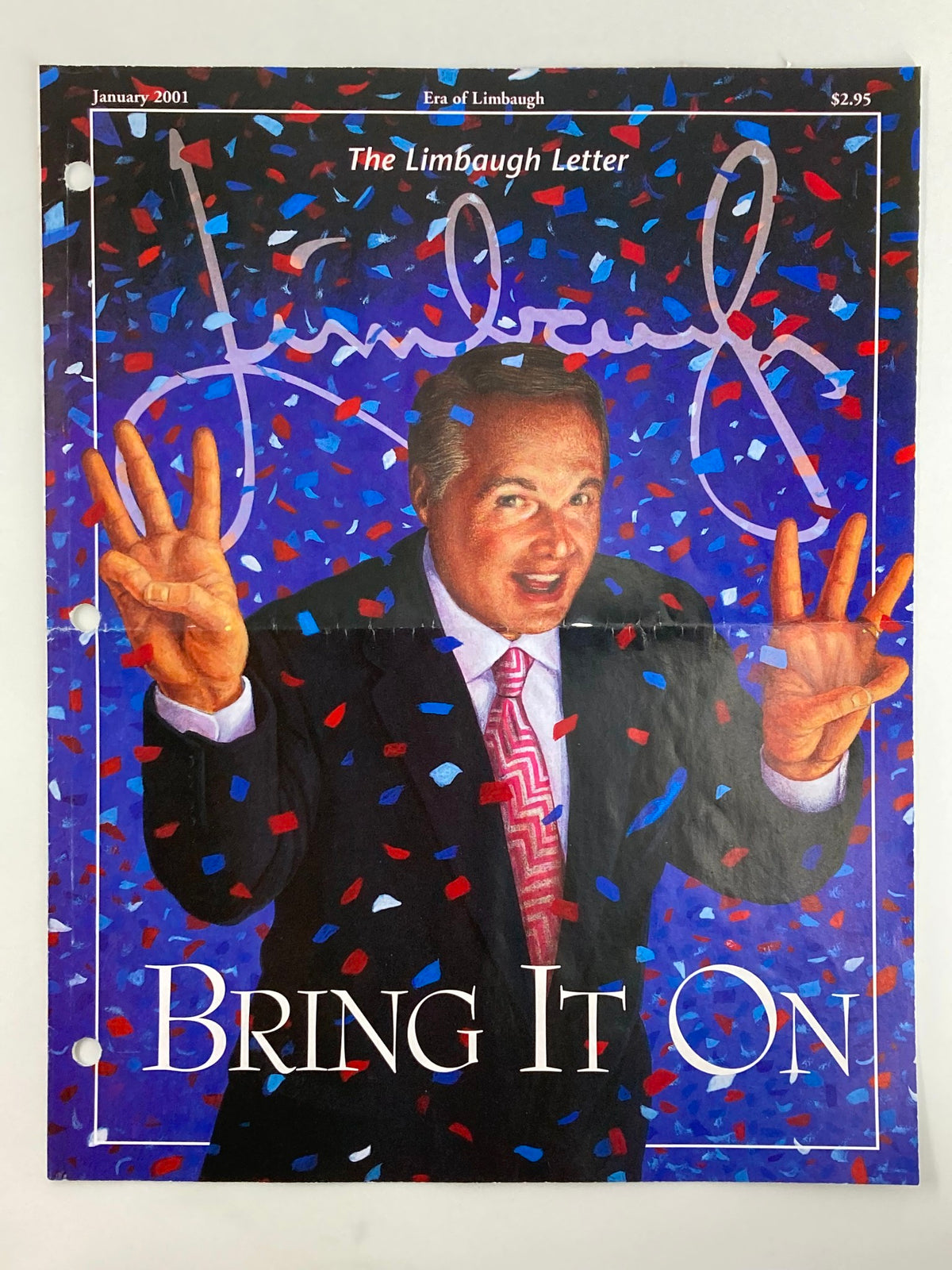Rush Limbaugh Letter Newsletter Magazine January 2001 cover featuring Rush Limbaugh with a vibrant confetti backdrop and the text 'Bring It On' highlighting the political commentary of the era.