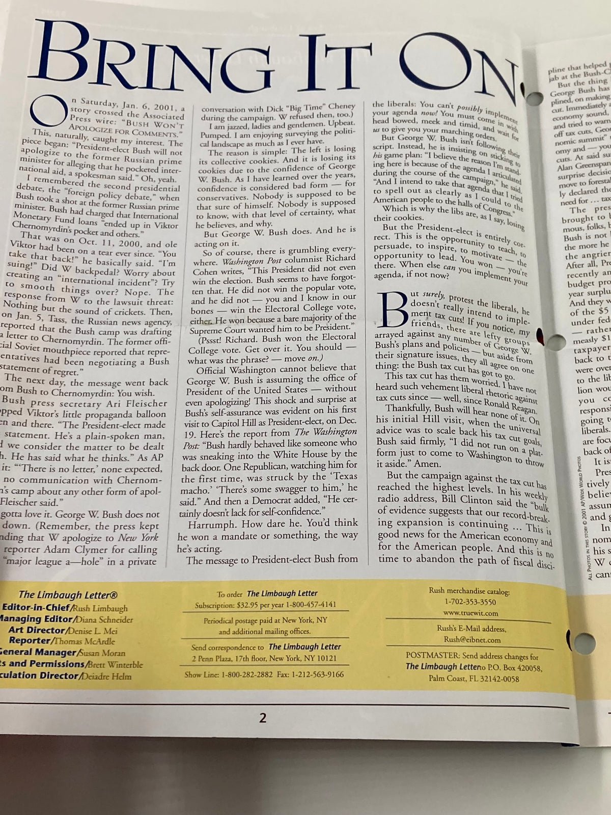 Interior page from the Rush Limbaugh Letters Newsletter Magazine January 2001 featuring Dick 'Big Time' Cheney, displaying political commentary and insights.