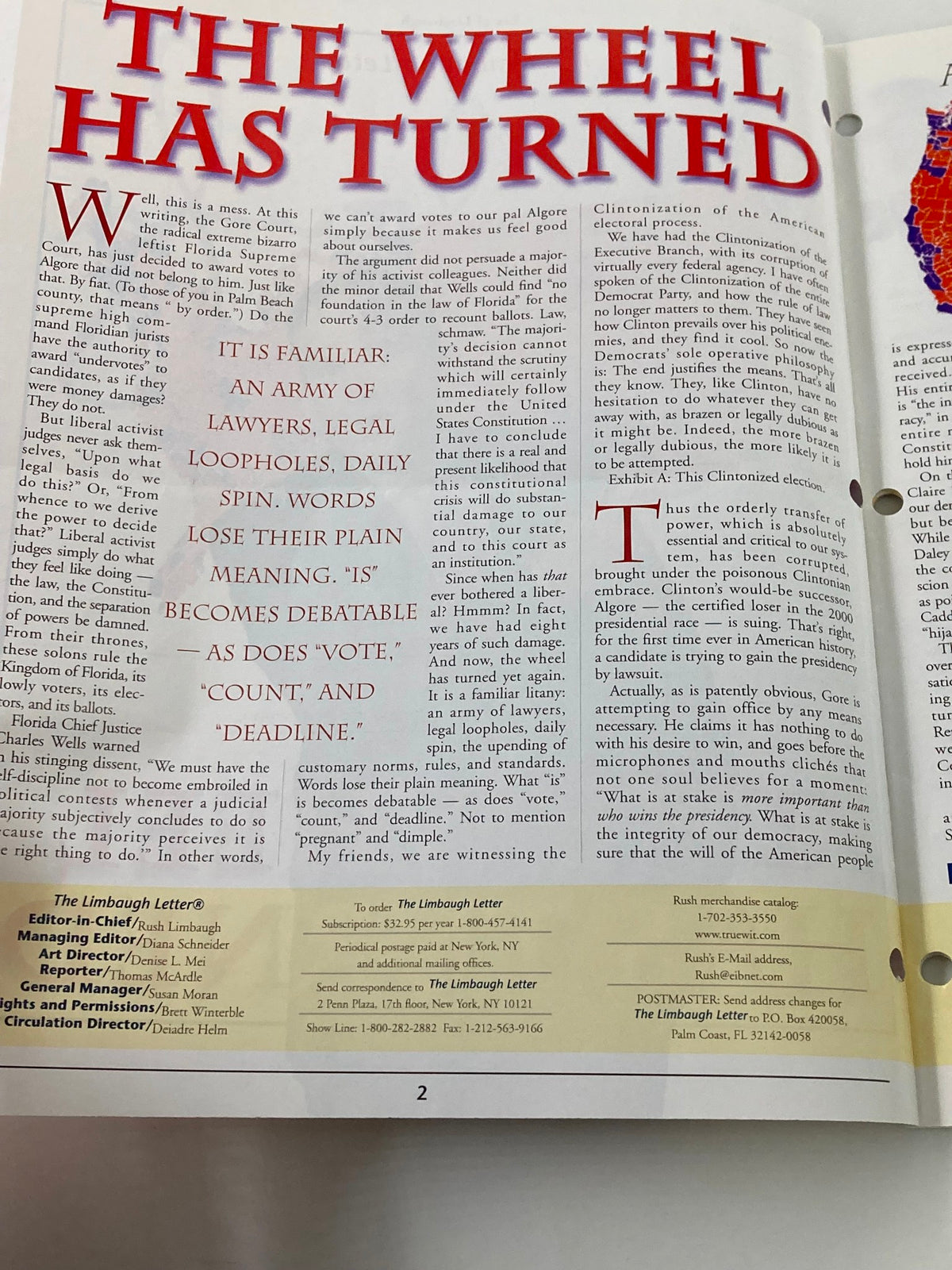 Interior page of the Rush Limbaugh Letter Magazine December 2000 titled 'The Wheel Has Turned' showcasing an article discussing political issues.