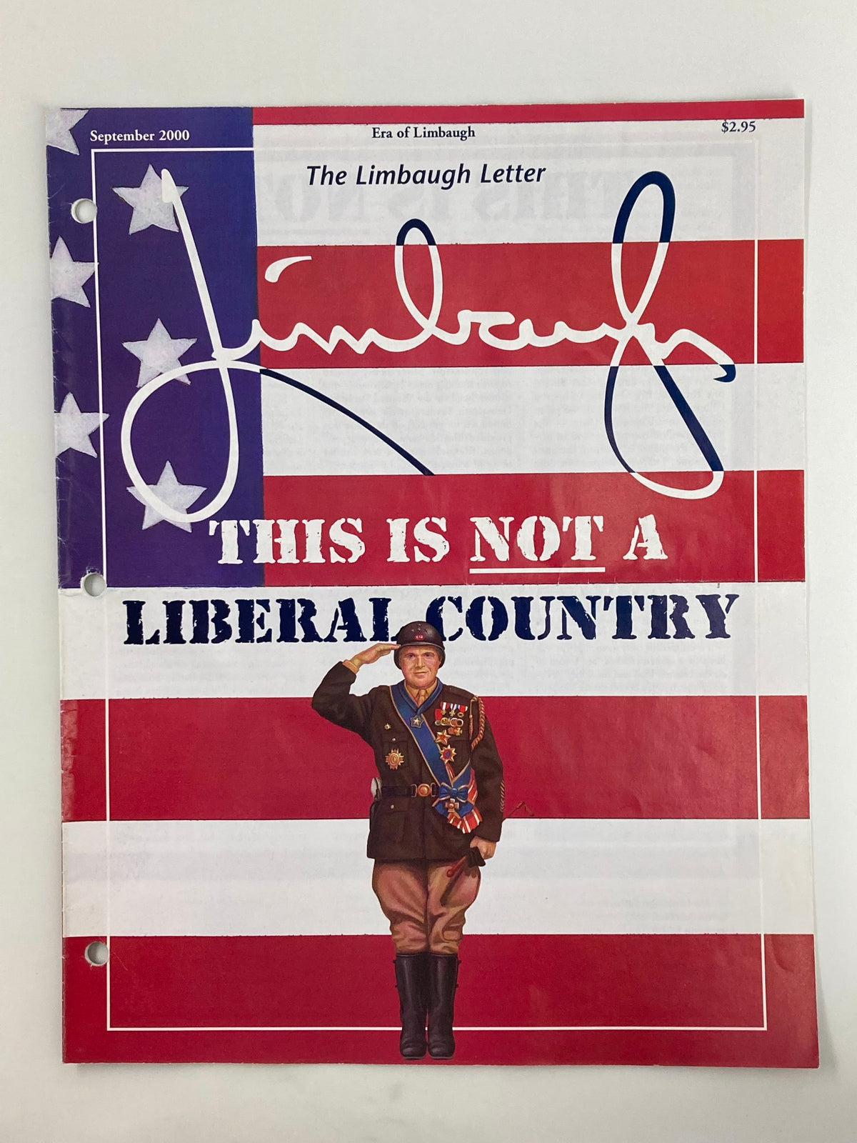 Cover of the Rush Limbaugh Letter Newsletter Magazine for September 2000, featuring a patriotic American flag background, the signature of Rush Limbaugh, and a prominent message stating 'This Is Not A Liberal Country' with an illustration of a soldier.