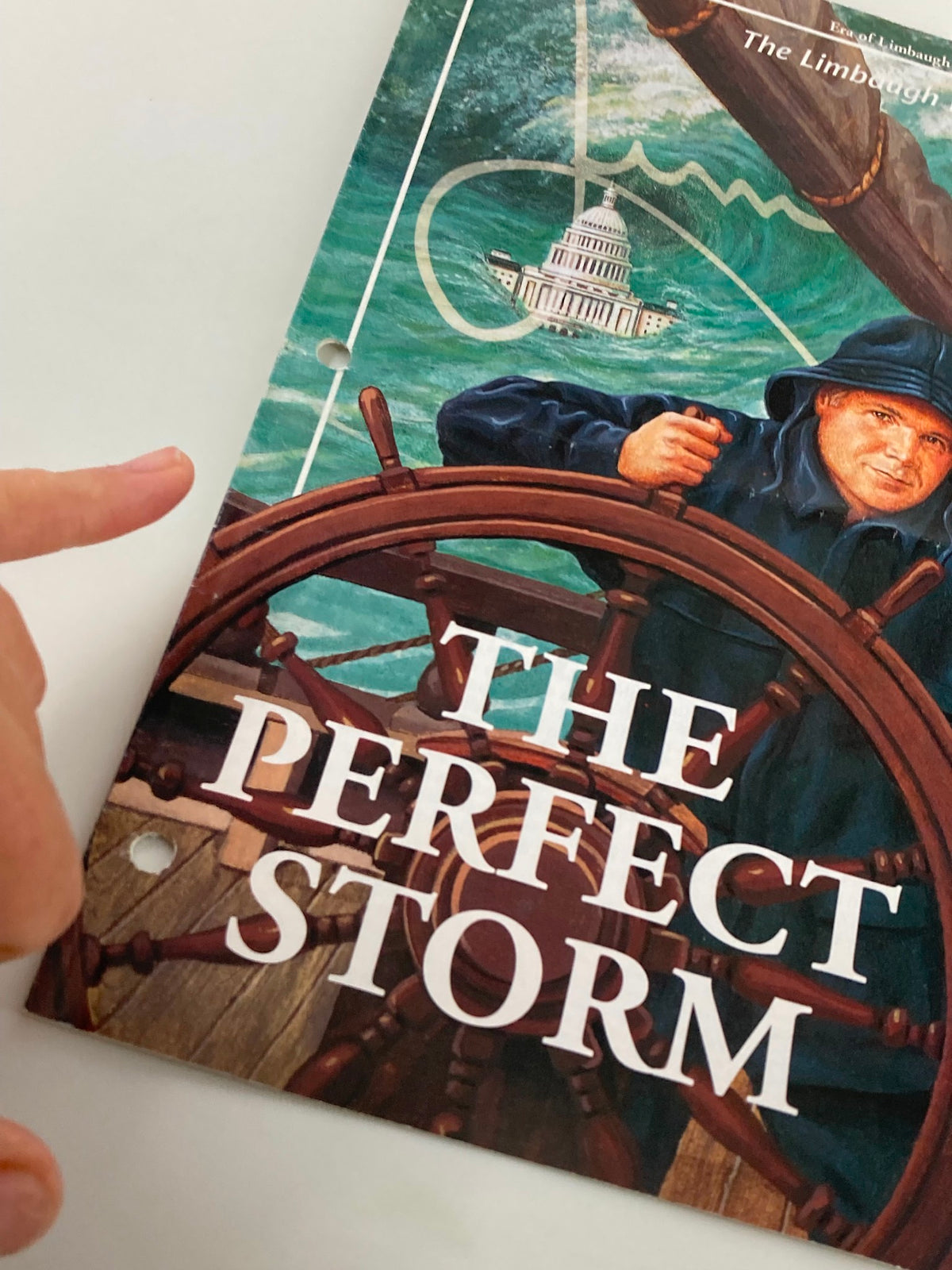 Close-up view of the Rush Limbaugh Letter Newsletter Magazine August 2000 cover titled 'The Perfect Storm', highlighting a hand pointing at the ship's wheel.