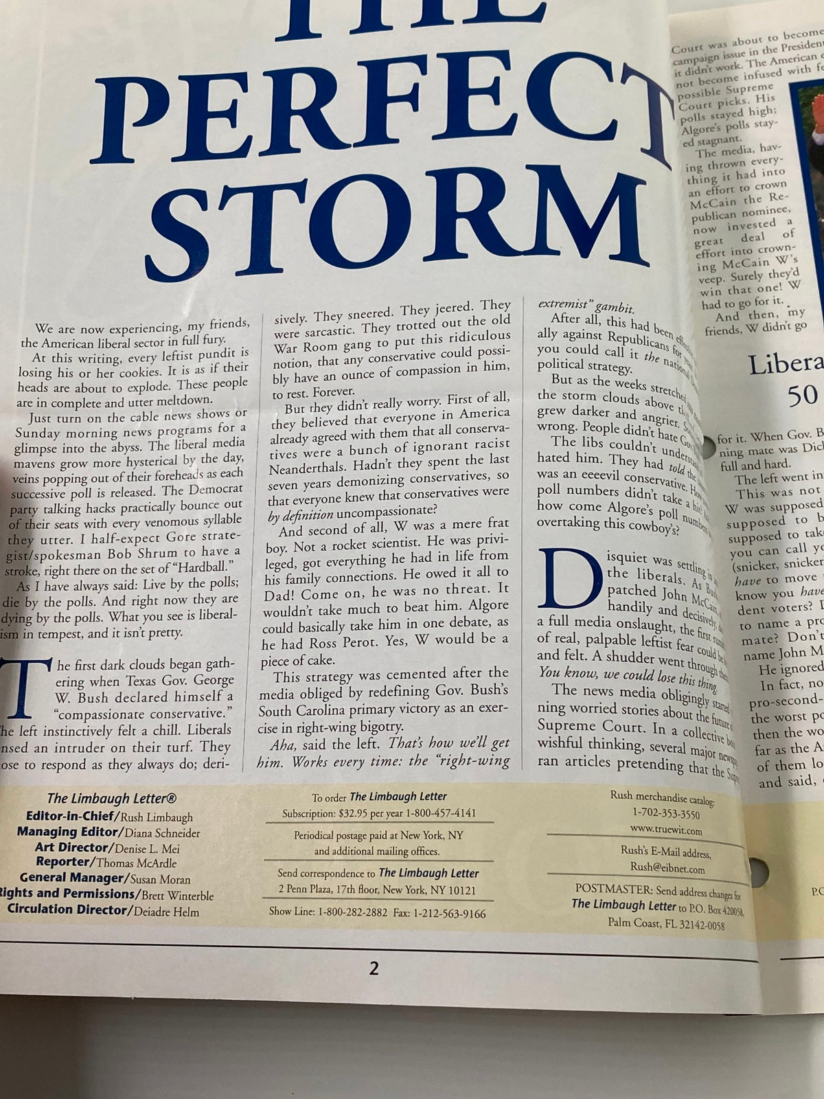 Interior page of the Rush Limbaugh Letter Newsletter Magazine August 2000, showcasing the article title 'THE PERFECT STORM' along with text commentary.