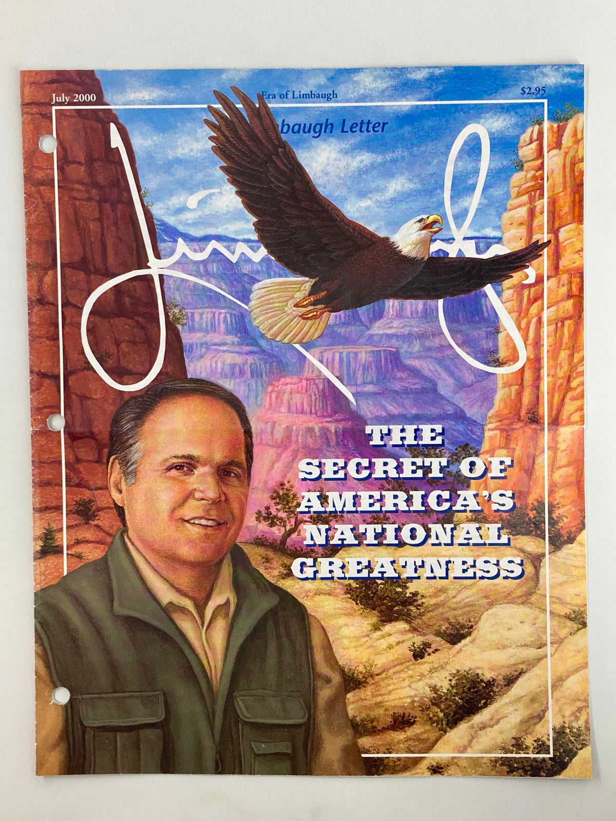 Cover of the Rush Limbaugh Letters Newsletter Magazine from July 2000, titled 'The Secret of America's National Greatness', featuring an illustration of Rush Limbaugh with a scenic background of canyons and an eagle.