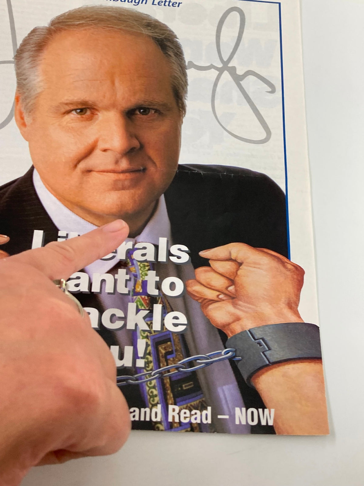 Close-up of the Rush Limbaugh Letter Newsletter Magazine June 2000 cover, highlighting the headline 'Liberals Want to Shackle You' with Rush Limbaugh's image and a hand pointing at the text.