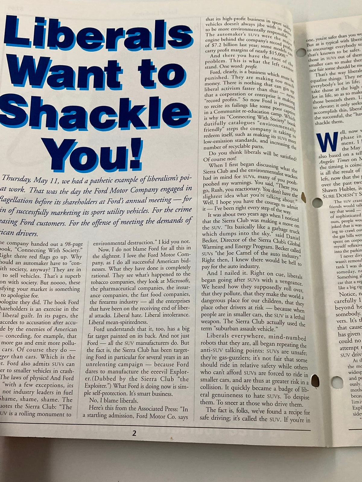 Inside page of the Rush Limbaugh Letter Newsletter Magazine June 2000 featuring an article titled 'Liberals Want to Shackle You!' discussing political themes with a focus on liberal policies.