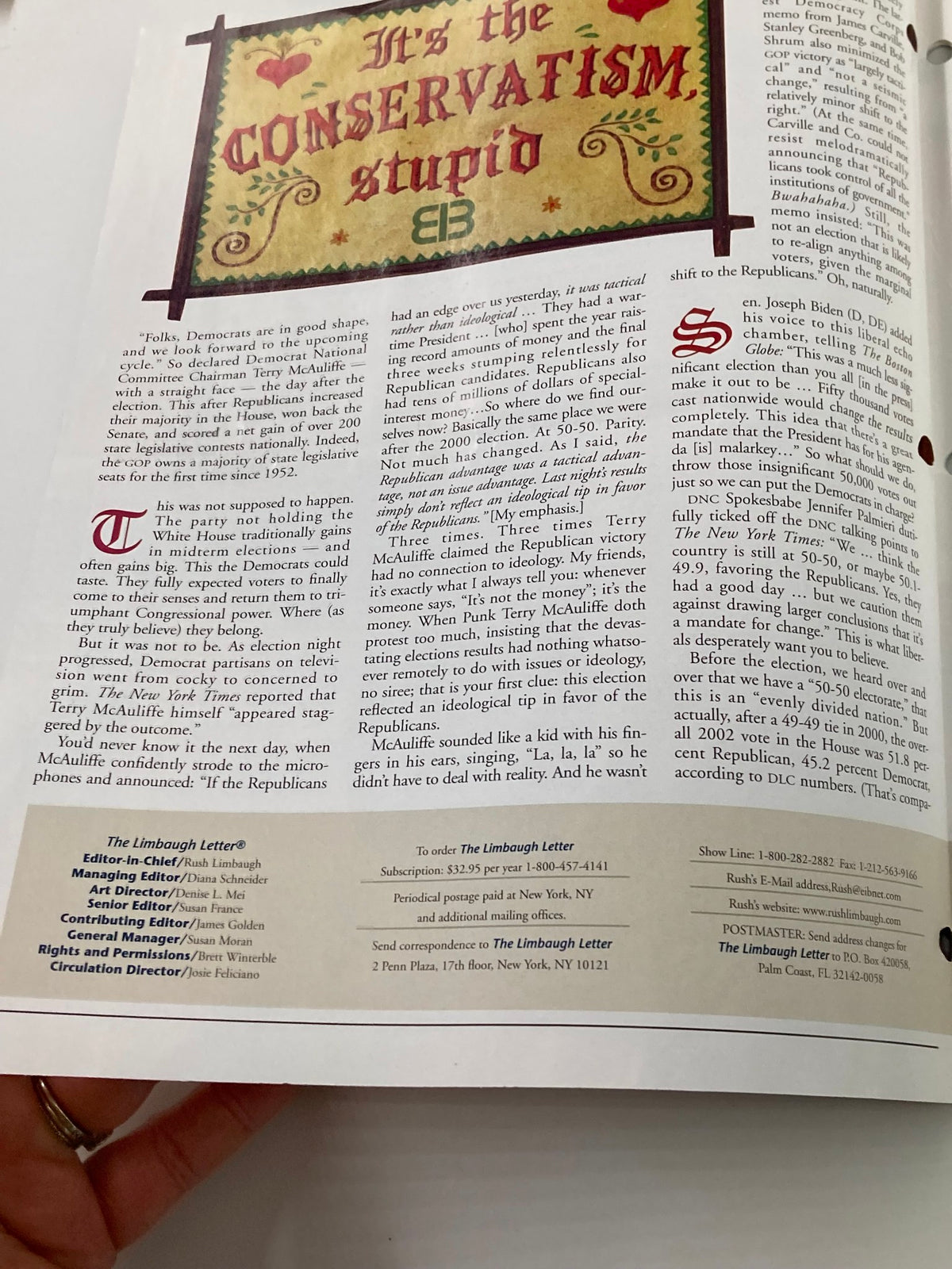 Inside page of Rush Limbaugh Letter Newsletter Magazine December 2002, displaying commentary titled 'It's the Conservatism Stupid' and demonstrating the magazine's format.