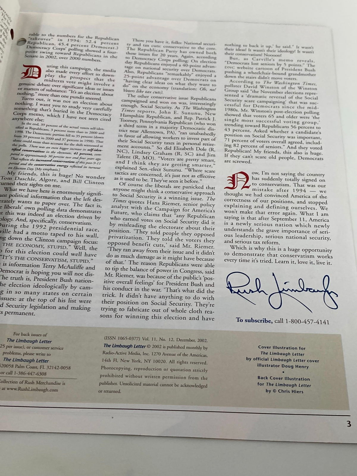 Signature page of Rush Limbaugh Letter Newsletter Magazine December 2002, featuring Rush Limbaugh's signature and details about subscription options.