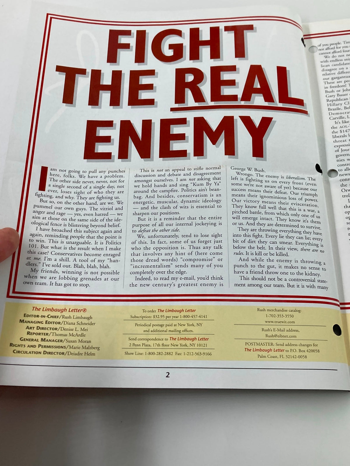 Illustration from the Rush Limbaugh Letter Newsletter Magazine February 2000 titled 'Fight The Real Enemy', showcasing bold typography and political commentary relevant to the early 2000s.