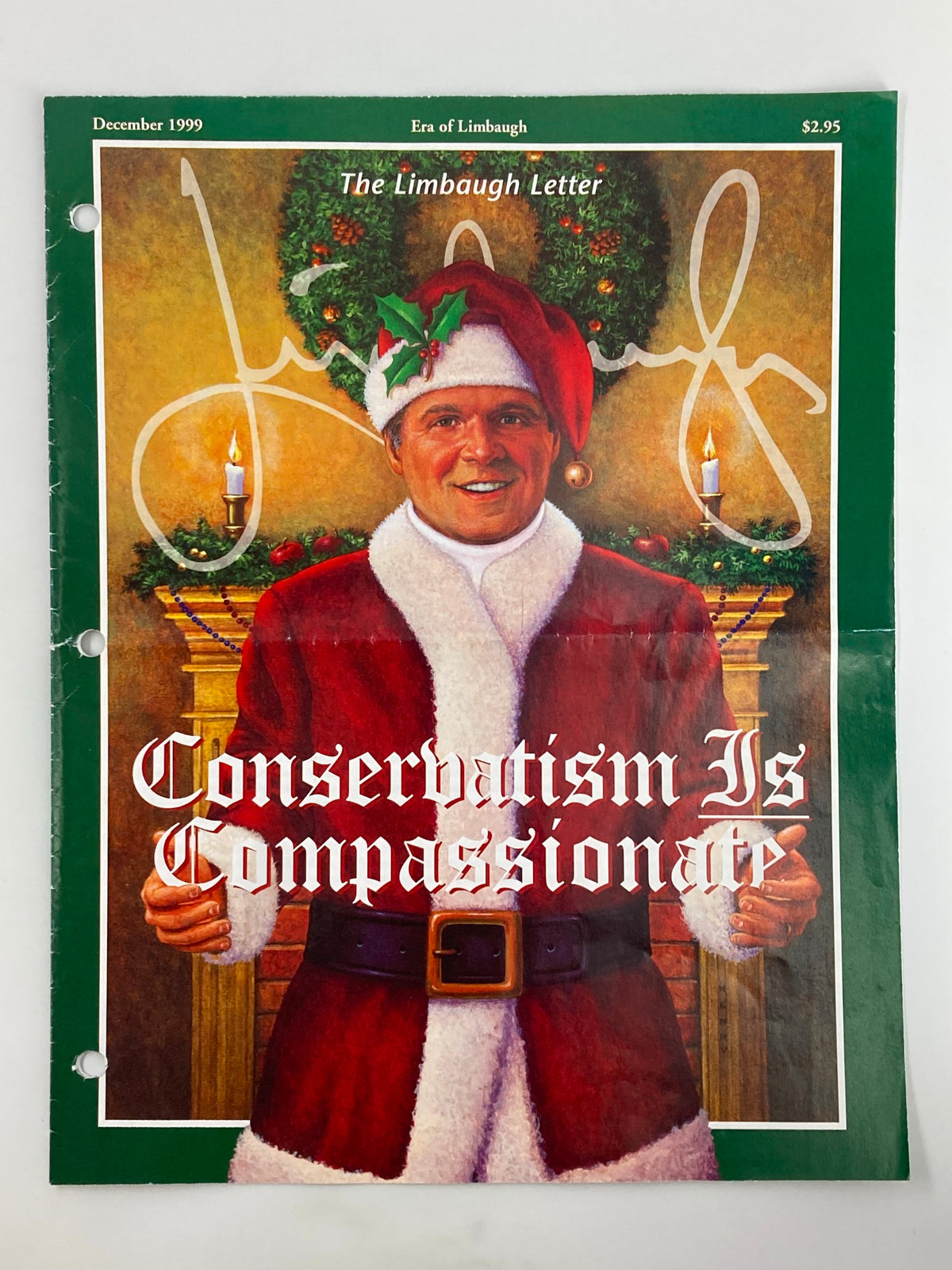 Rush Limbaugh Letter Newsletter from December 1999, featuring a cover illustration of a man in a Santa suit, captioned 'Conservatism Is Compassionate' with holiday decorations.