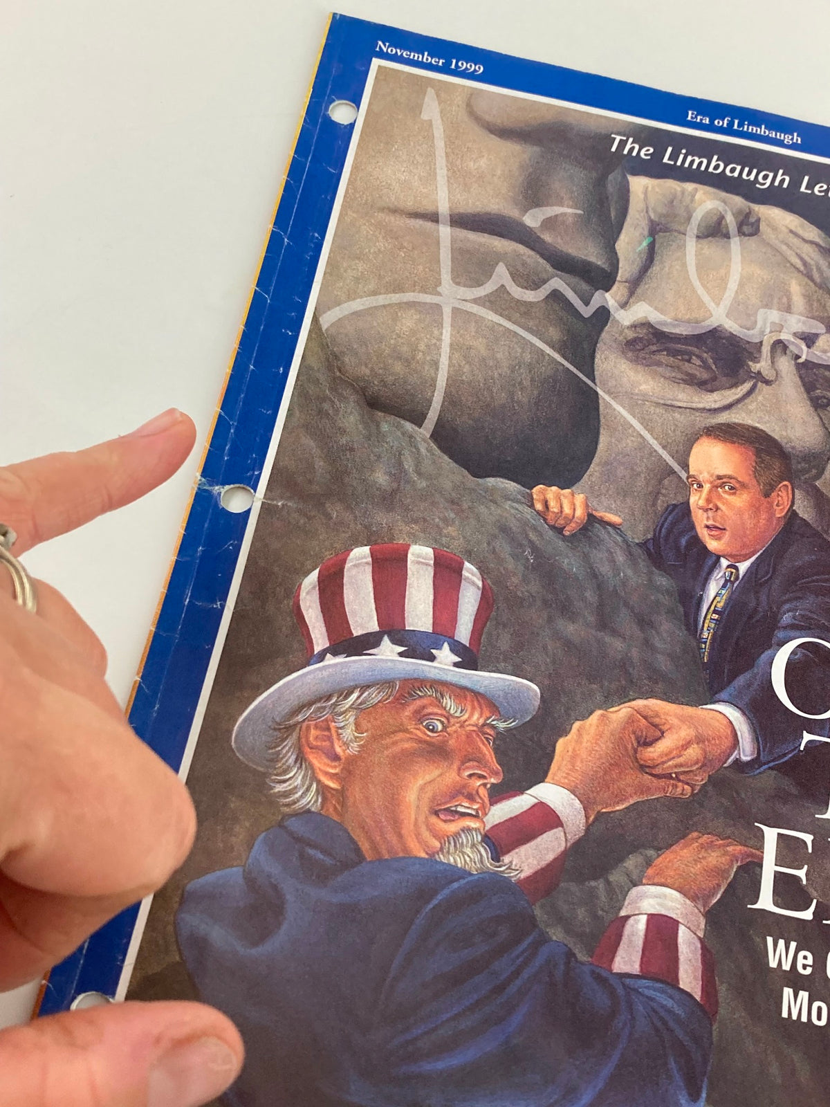 Close-up view of the Rush Limbaugh Letter Newsletter November 1999 cover showing details of the artwork, with Uncle Sam expressing concern and the title 'Over the Edge: We Cannot Survive More Liberalism'.