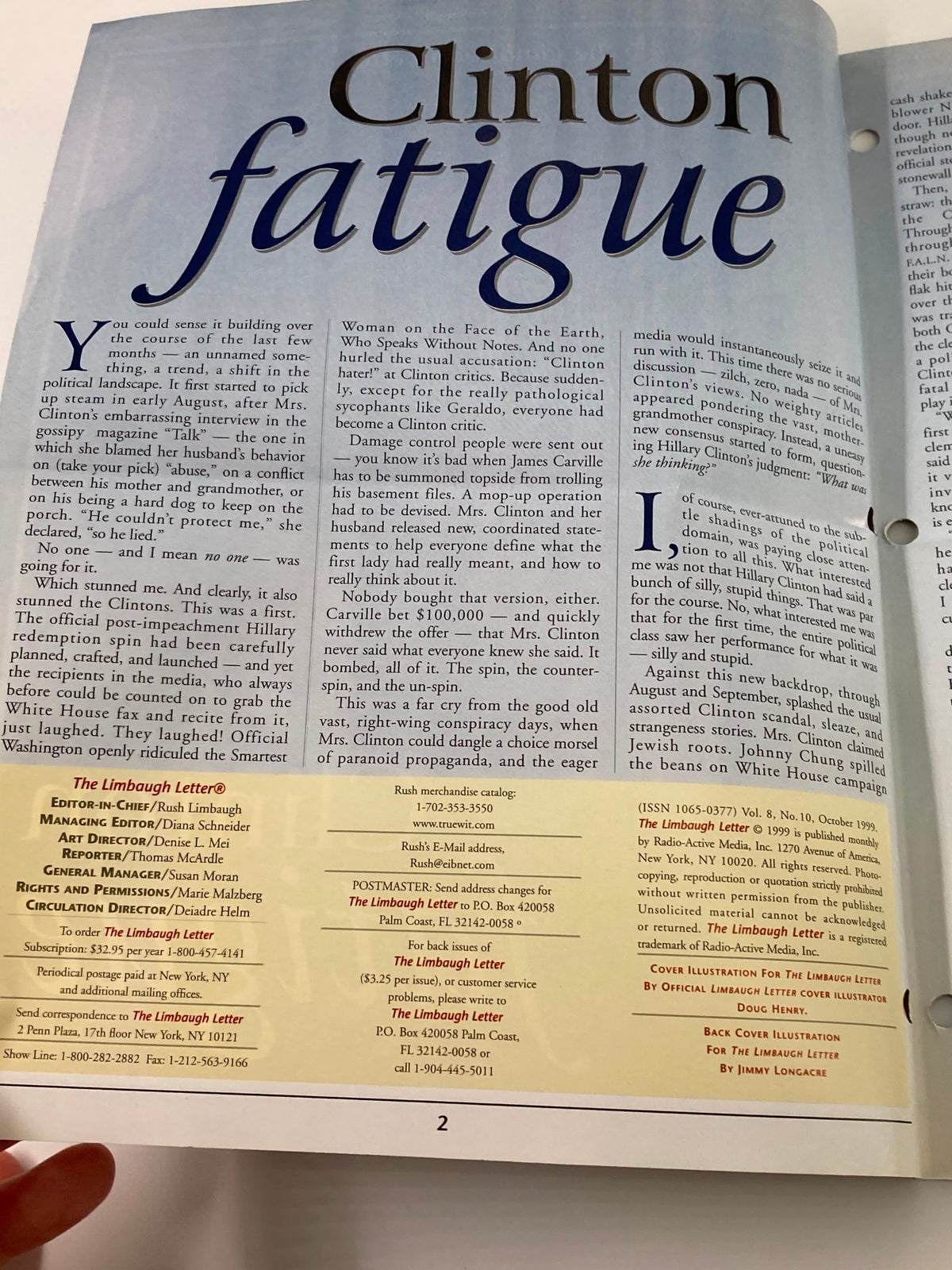 Inside page of the Rush Limbaugh Letter Newsletter Magazine, October 1999, showcasing an article titled 'Clinton Fatigue,' which discusses political sentiments during Bill Clinton's presidency.