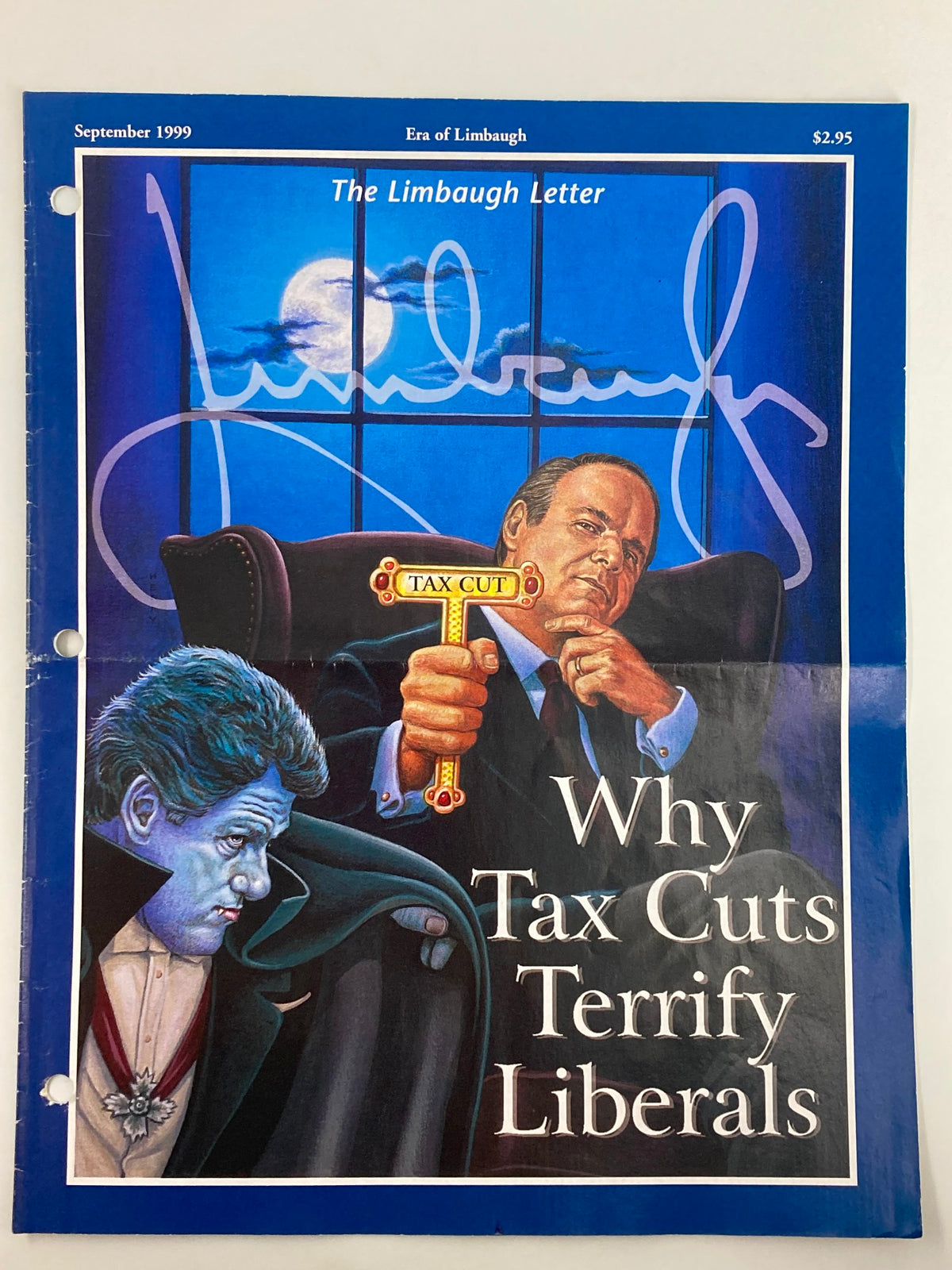 Cover of the Rush Limbaugh Letter Newsletter Magazine from September 1999, featuring the title 'Why Tax Cuts Terrify Liberals.' The cover includes a striking illustration with a prominent character holding a tax cut sign, reflecting political themes of the era.