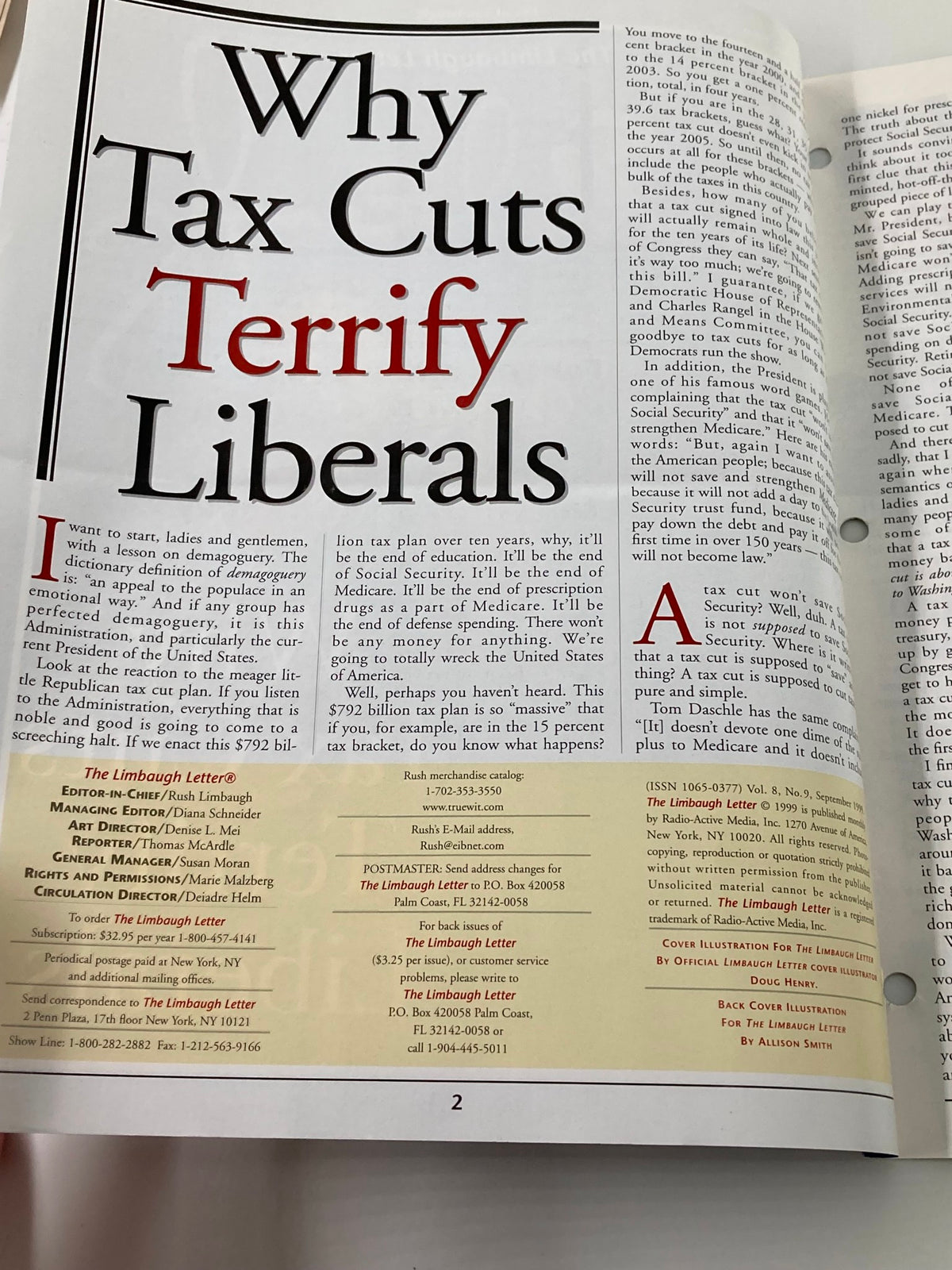 Interior page of the Rush Limbaugh Letter Newsletter Magazine from September 1999 featuring the article titled 'Why Tax Cuts Terrify Liberals.' The page includes important political commentary and reflections on tax policies, showcasing the magazine's focus on conservatism during the late 90s.