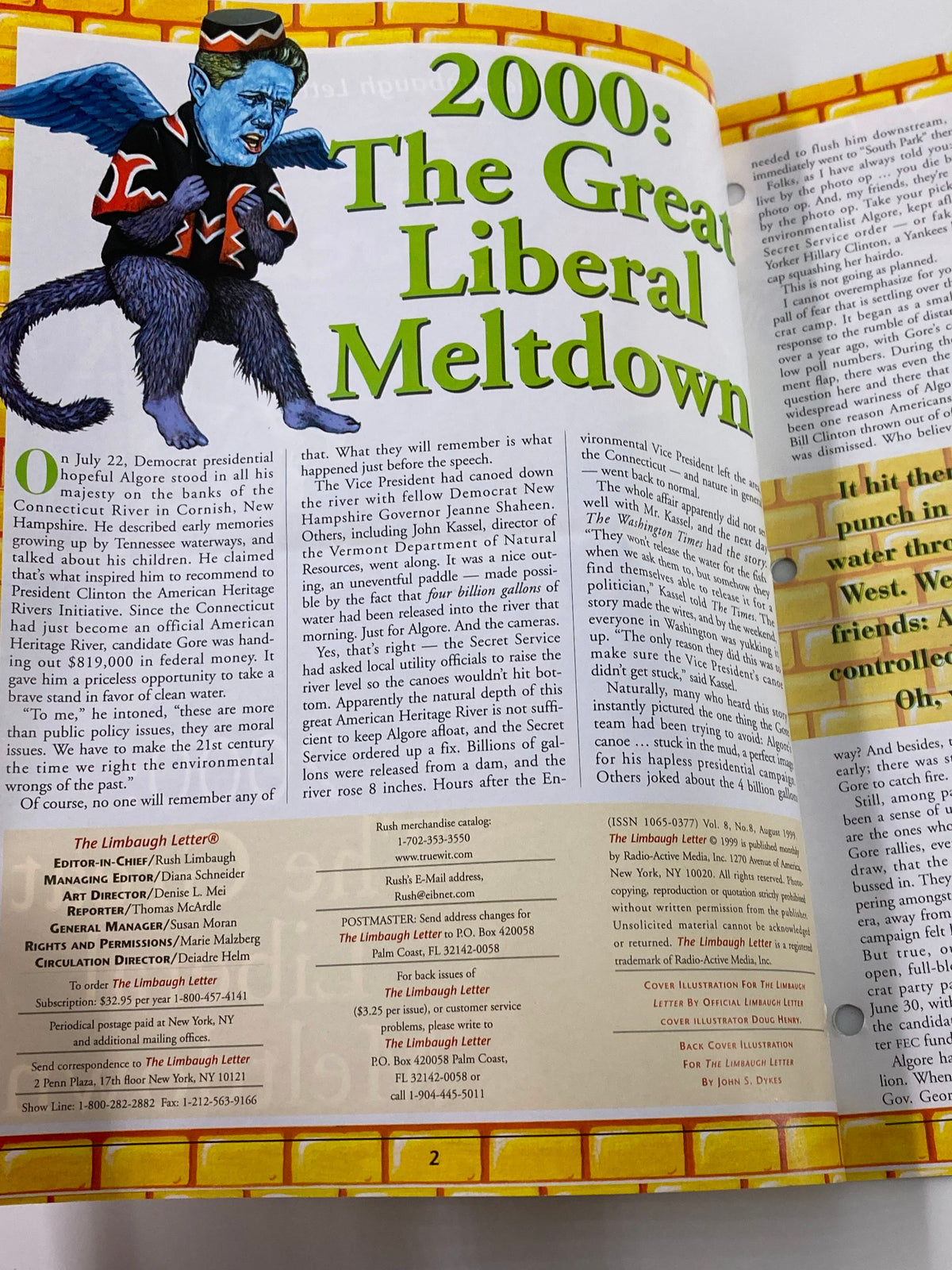 Inside page of the Rush Limbaugh Letter Newsletter Magazine August 1999, featuring the article '2000: The Great Liberal Meltdown' with colorful graphics and insights into political commentary from that era.