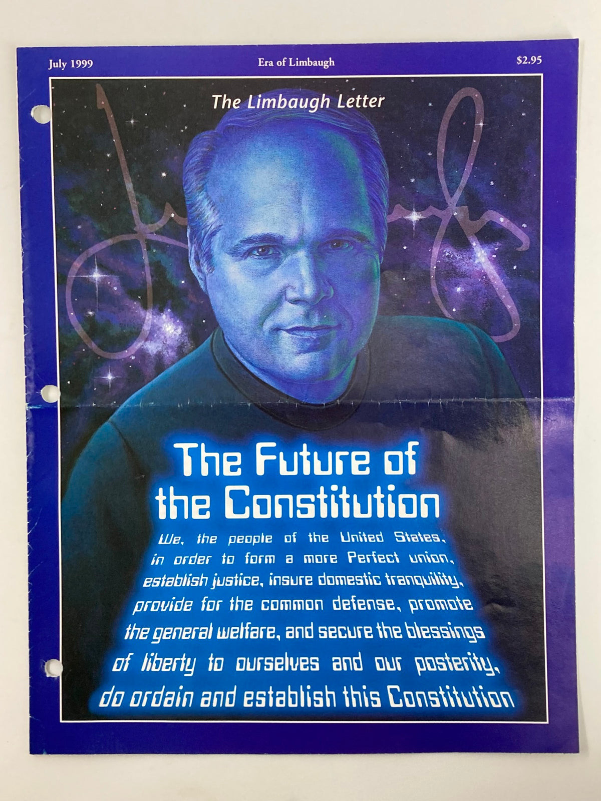 Cover of the Rush Limbaugh Letter Newsletter Magazine from July 1999 titled 'The Future of the Constitution'. Features a stylized illustration of Rush Limbaugh against a cosmic background.