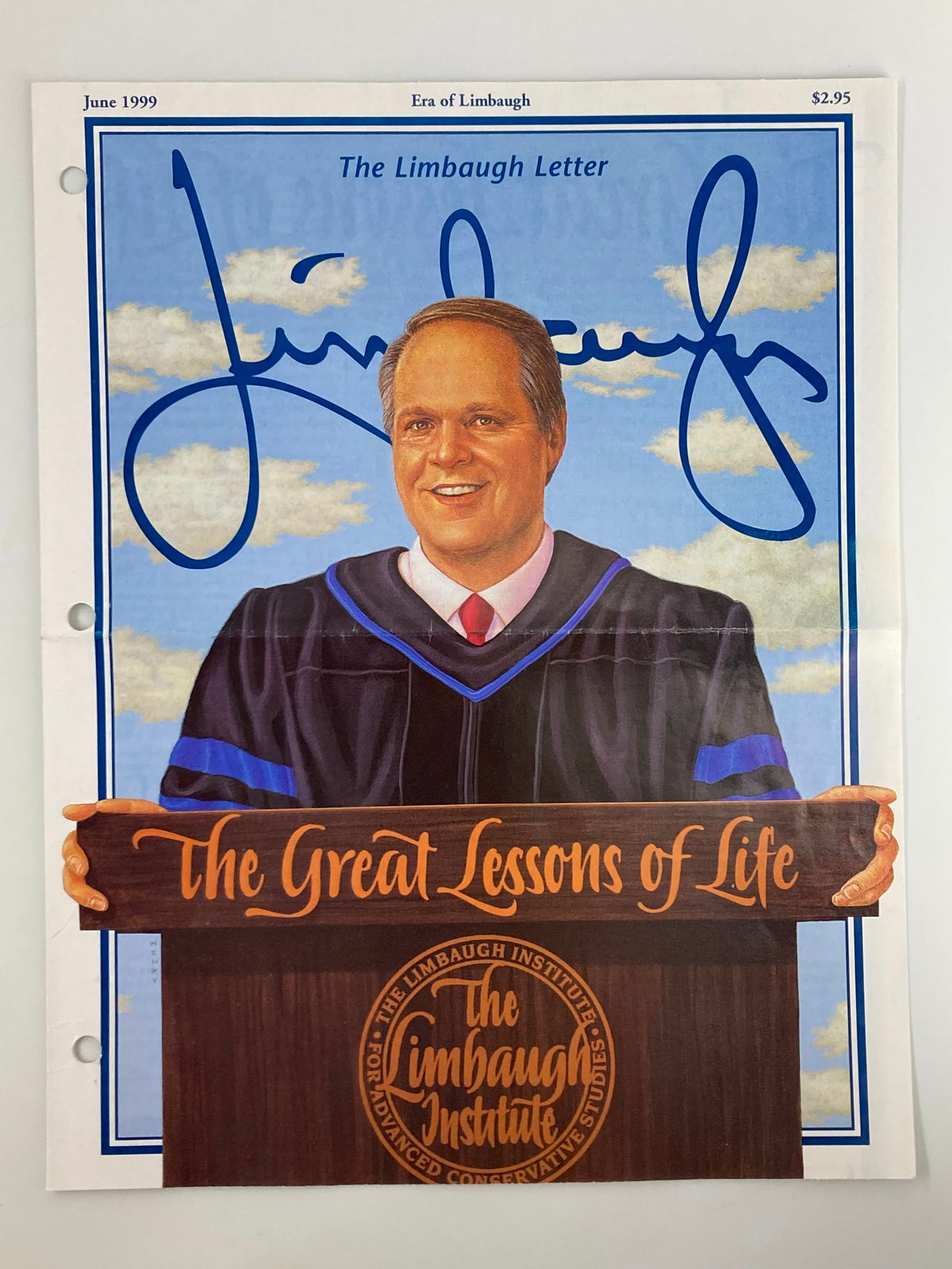 Cover of the Rush Limbaugh Letter Newsletter Magazine June 1999, titled 'The Great Lessons of Life', featuring a portrait of Rush Limbaugh against a blue sky.