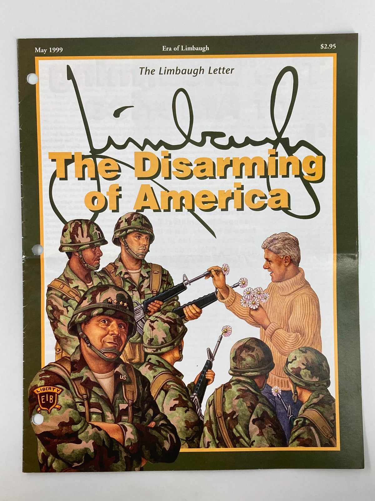 Cover of the Rush Limbaugh Letter Newsletter Magazine from May 1999 titled 'The Disarming of America,' featuring an illustration of soldiers and a civilian figure engaged in a symbolic exchange.