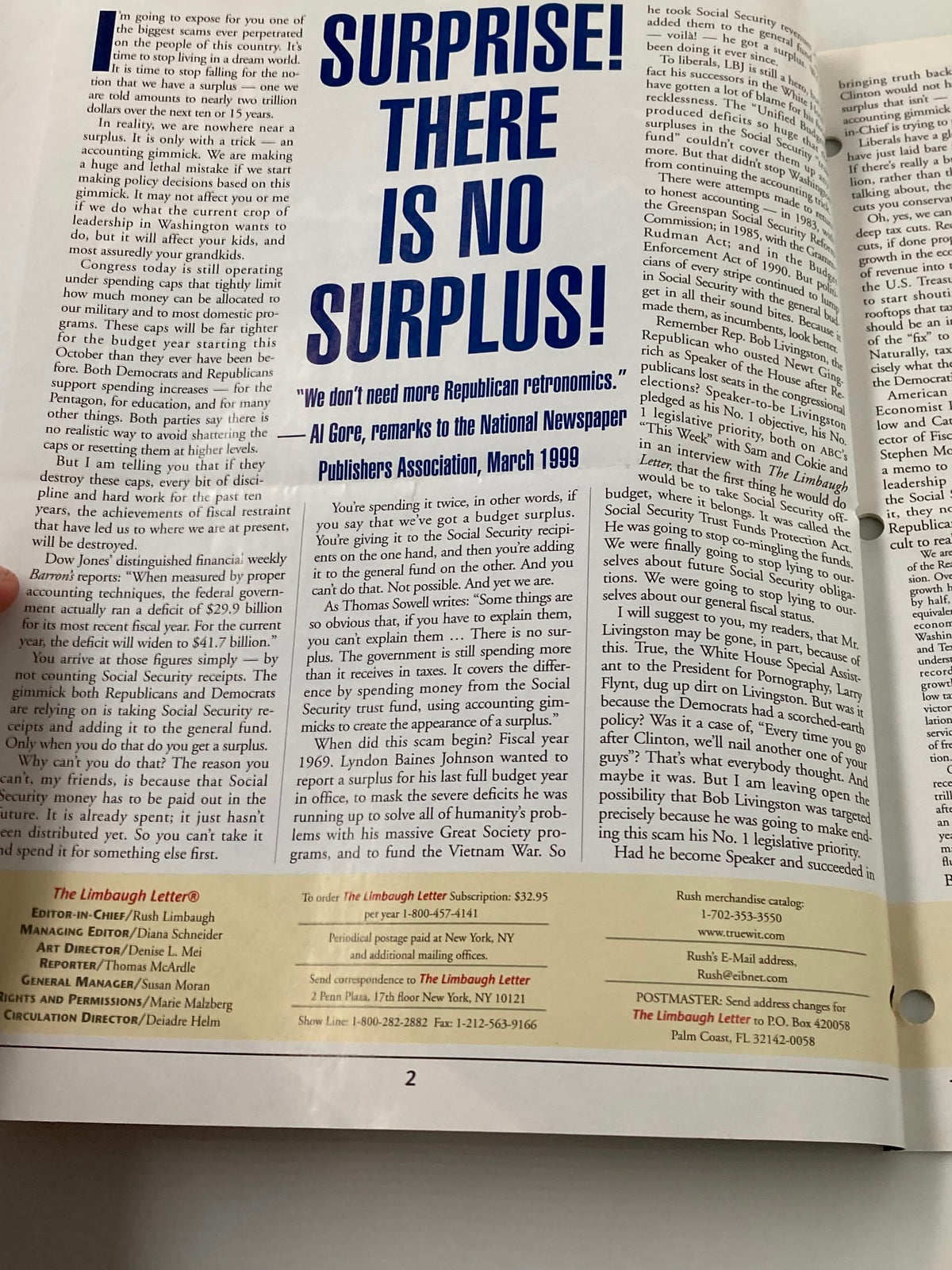 Interior page of the Rush Limbaugh Letter Newsletter Magazine from April 1999 with the headline 'SURPRISE! THERE IS NO SURPLUS!'. The article discusses the budget and political commentary related to American financial issues during that era.
