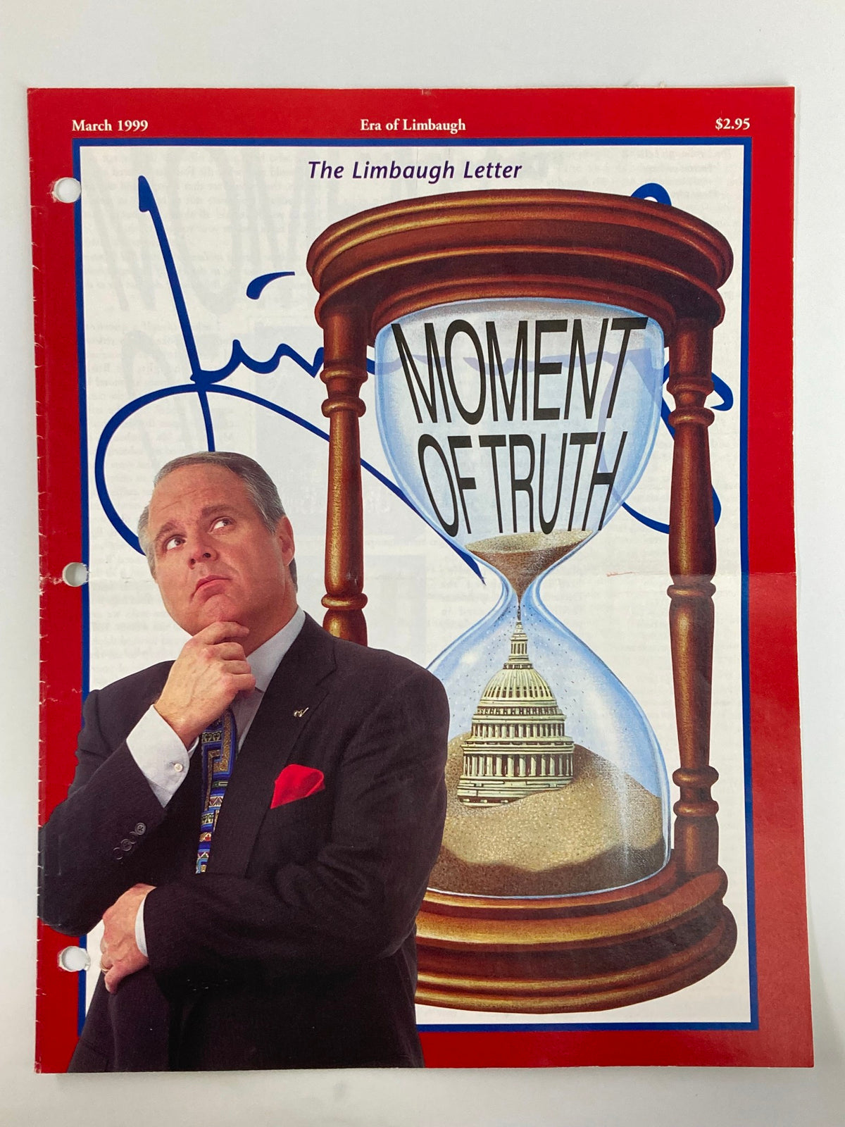 Cover of the Rush Limbaugh Letter Newsletter Magazine from March 1999 featuring the iconic 'Moment of Truth' design and a portrait of Rush Limbaugh, emphasizing the historical significance of the content.
