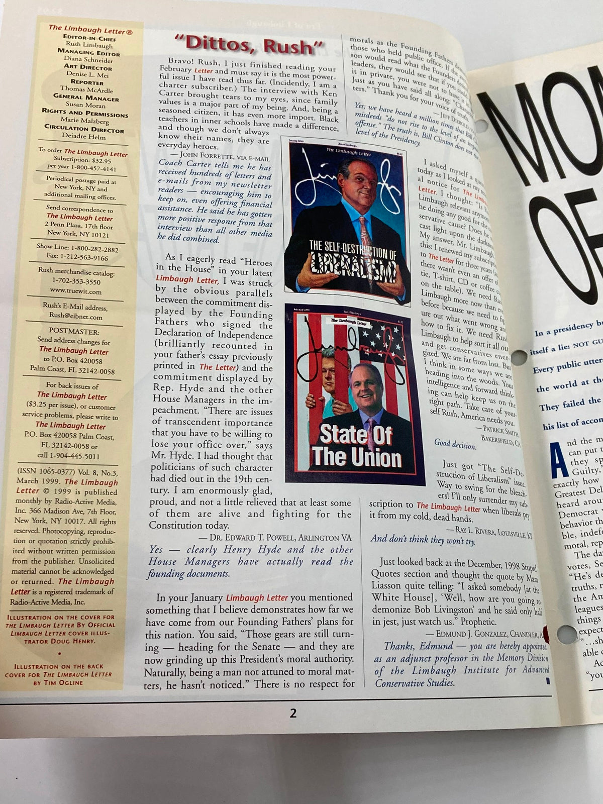 Interior page of the Rush Limbaugh Letter Newsletter Magazine from March 1999, displaying engaging articles and features with commentary on political events, including signed images related to Rush Limbaugh.