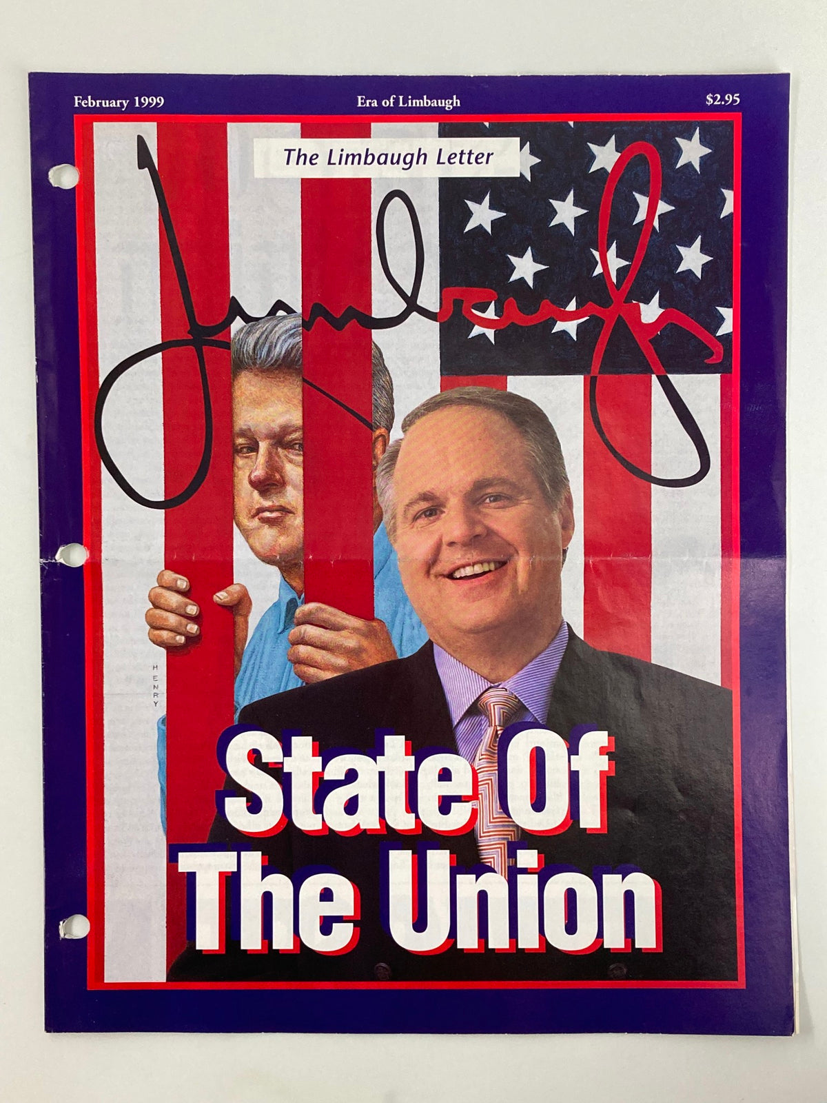 Rush Limbaugh Letter Newsletter Magazine February 1999 featuring a cover illustration with Bill Clinton, an American flag background, and bold text stating 'State Of The Union.' This magazine captures significant political commentary from the era.