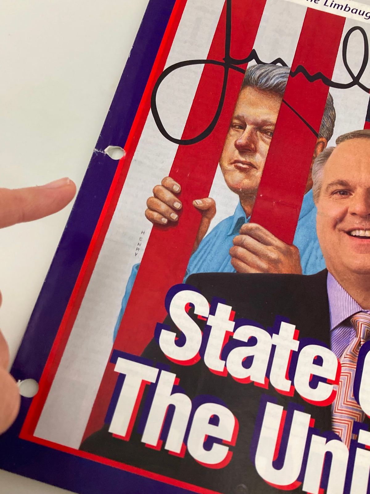 Close-up view of the Rush Limbaugh Letter Newsletter Magazine February 1999 cover, highlighting Bill Clinton behind bars and the signature of Rush Limbaugh, emphasizing the magazine's political context.