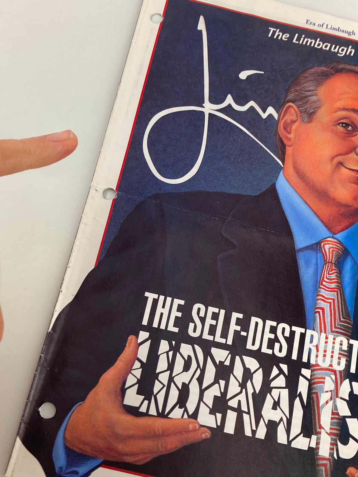 Close-up of the January 1999 Rush Limbaugh Letter cover, showcasing the title 'The Self-Destruction of Liberalism' with a detailed view of artwork and Limbaugh's signature.