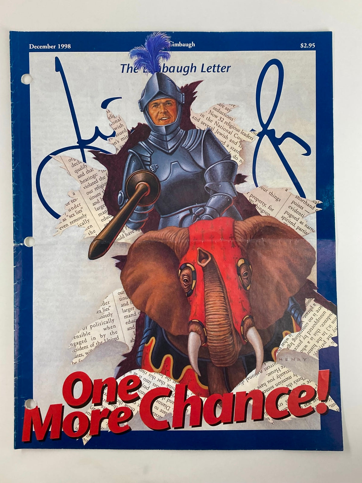 Rush Limbaugh Letter Newsletter Magazine December 1998 cover featuring a knight illustration with the title 'One More Chance!' and a vibrant elephant design.