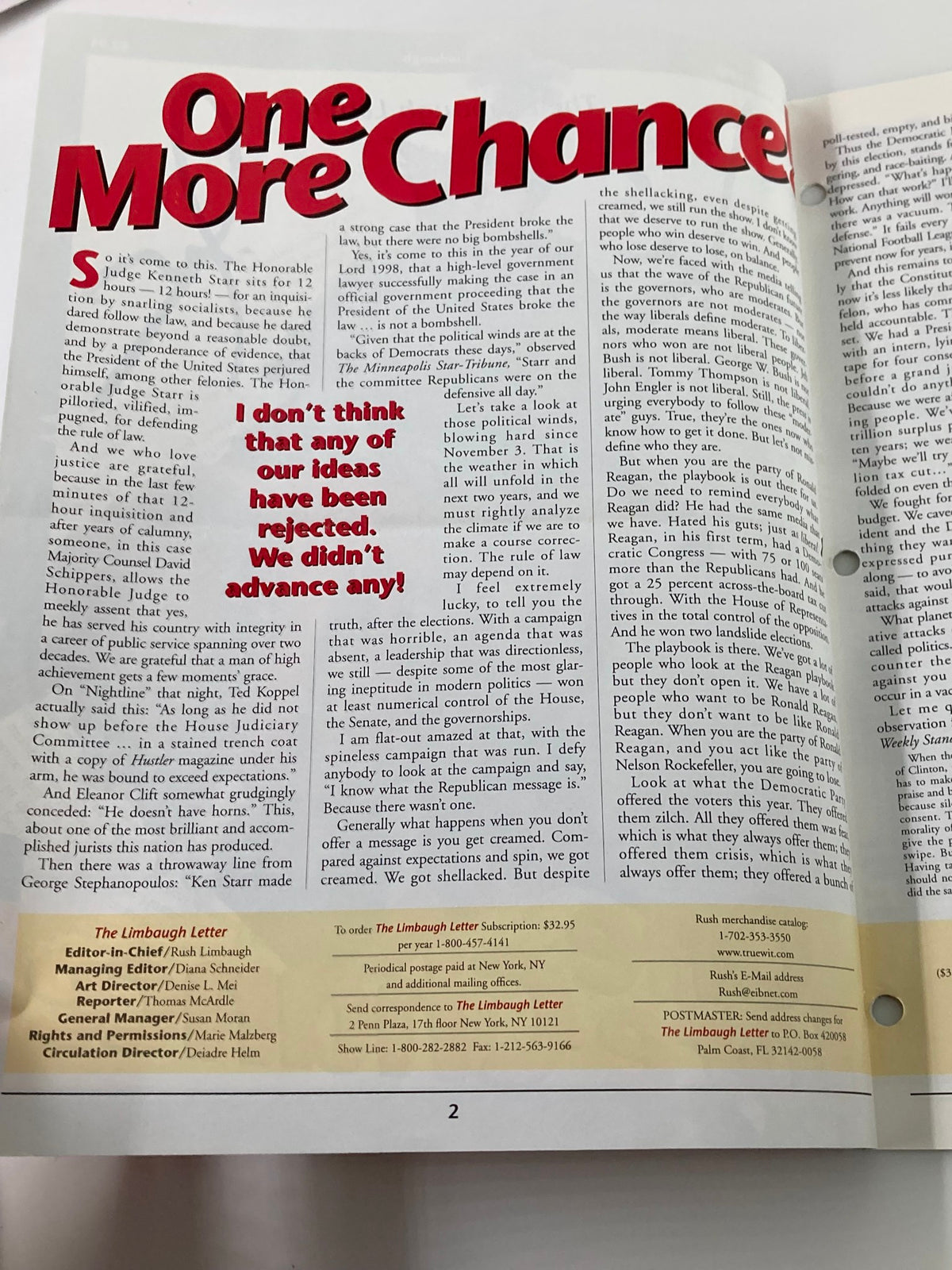 Interior page of the Rush Limbaugh Letter Magazine December 1998 showing a feature article with the title 'One More Chance!' discussing political insights from that era.