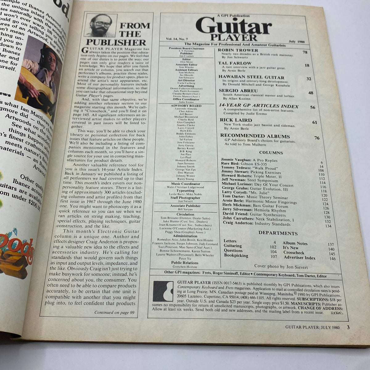 Inside page of Guitar Player Magazine July 1980 showing the table of contents and articles including Robin Trower, Tal Farlow, and Rick Laird. A glimpse into the magazine's features for guitar enthusiasts.