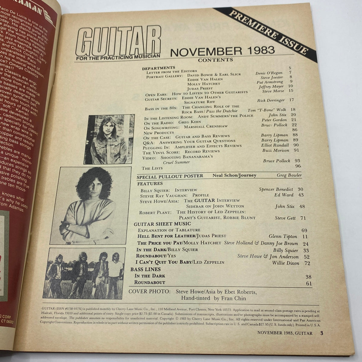 Table of contents page from the VTG Guitar Magazine November 1983 Premiere Issue, showcasing featured articles and interviews with legendary guitarists.
