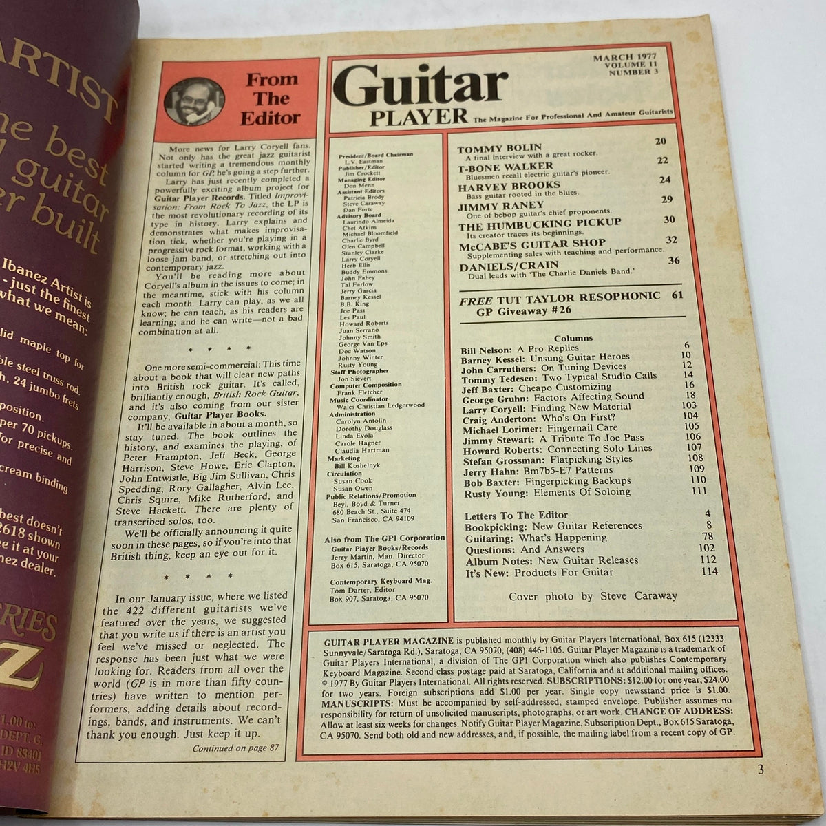 Interior page of Guitar Player Magazine, March 1977, featuring the editor's note and table of contents, highlighting articles including Charlie Daniels and Tom Crain.