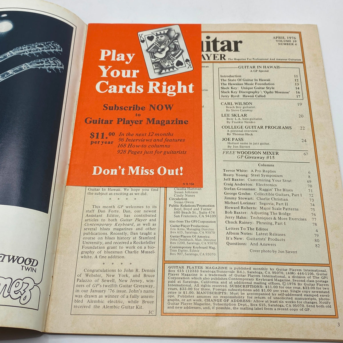 Interior page of VTG Guitar Player Magazine April 1976 with subscription offer details, featuring the magazine's iconic layout and insightful articles.