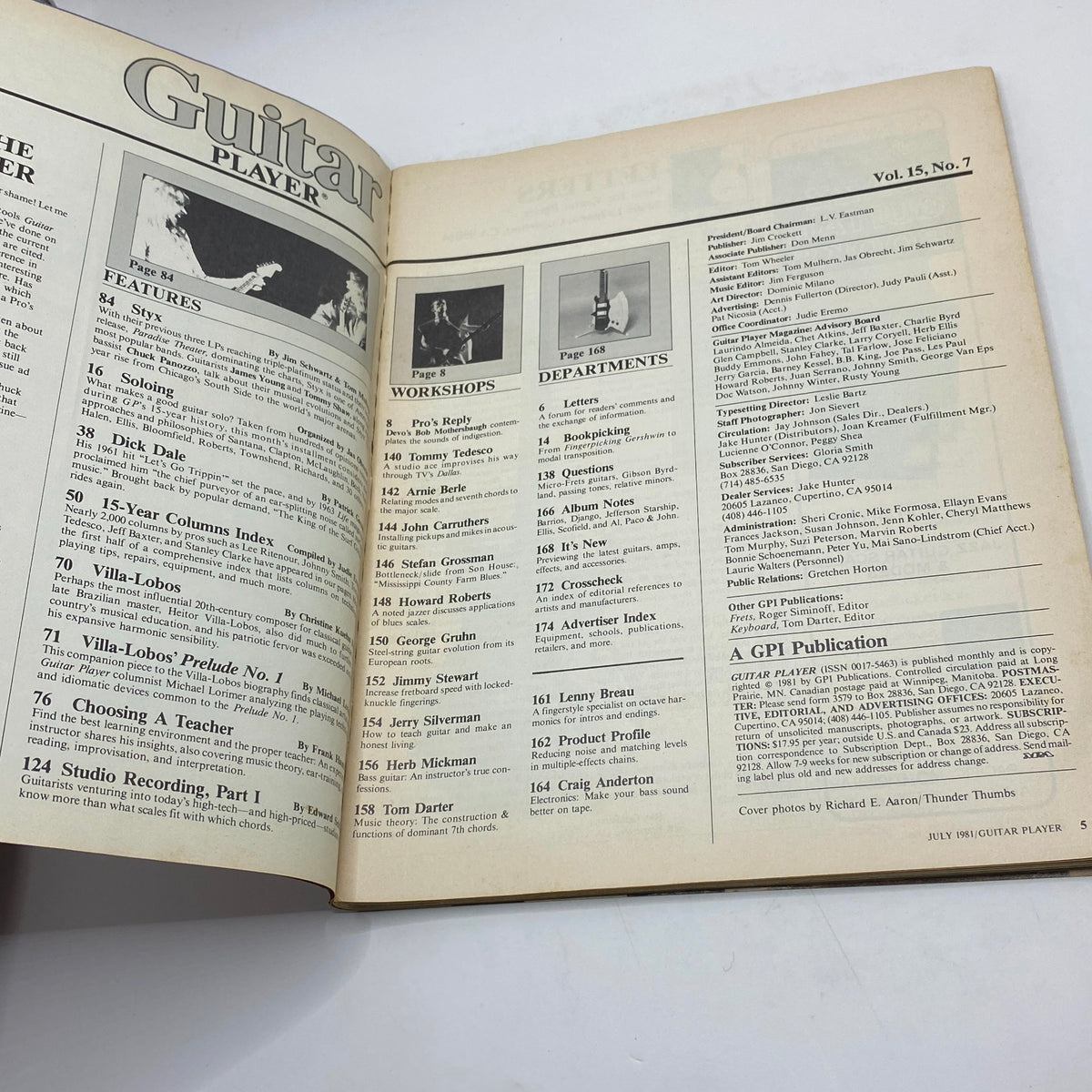 Inside page of the July 1981 Vintage Guitar Player Magazine displaying the table of contents including features on Styx and music education, relevant to fans and collectors.