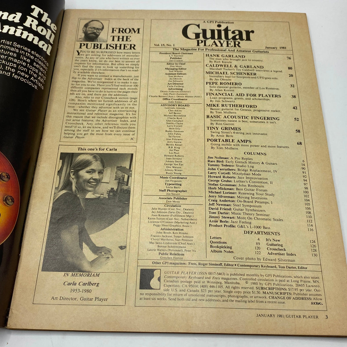 Inside page of Guitar Player Magazine, January 1981, showcasing the contents and articles including a tribute to Hank Garland, as well as features on guitar techniques and profiles of musicians.