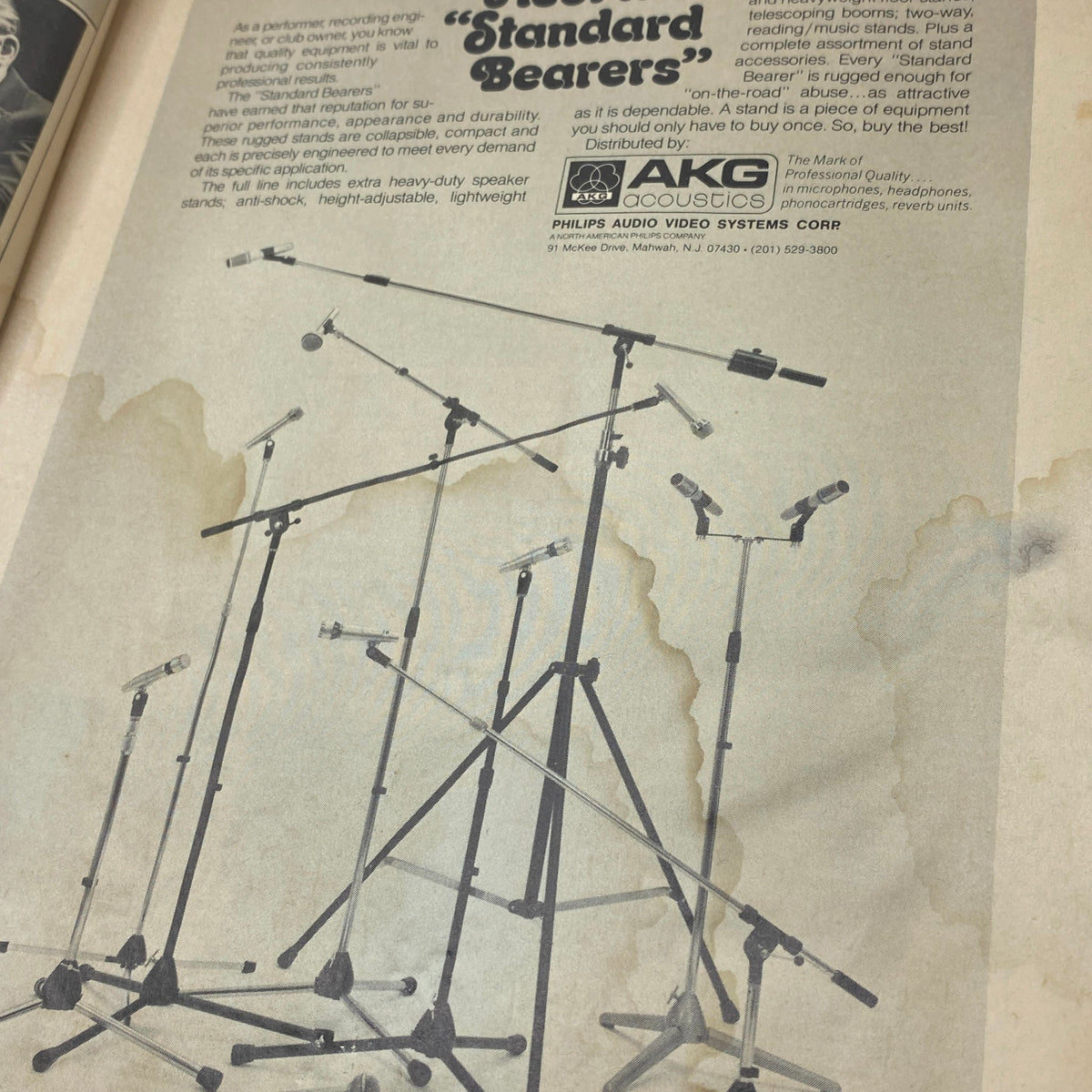 Advertisement for microphone stands in Guitar Player Magazine May 1978, emphasizing high-quality audio equipment for musicians.
