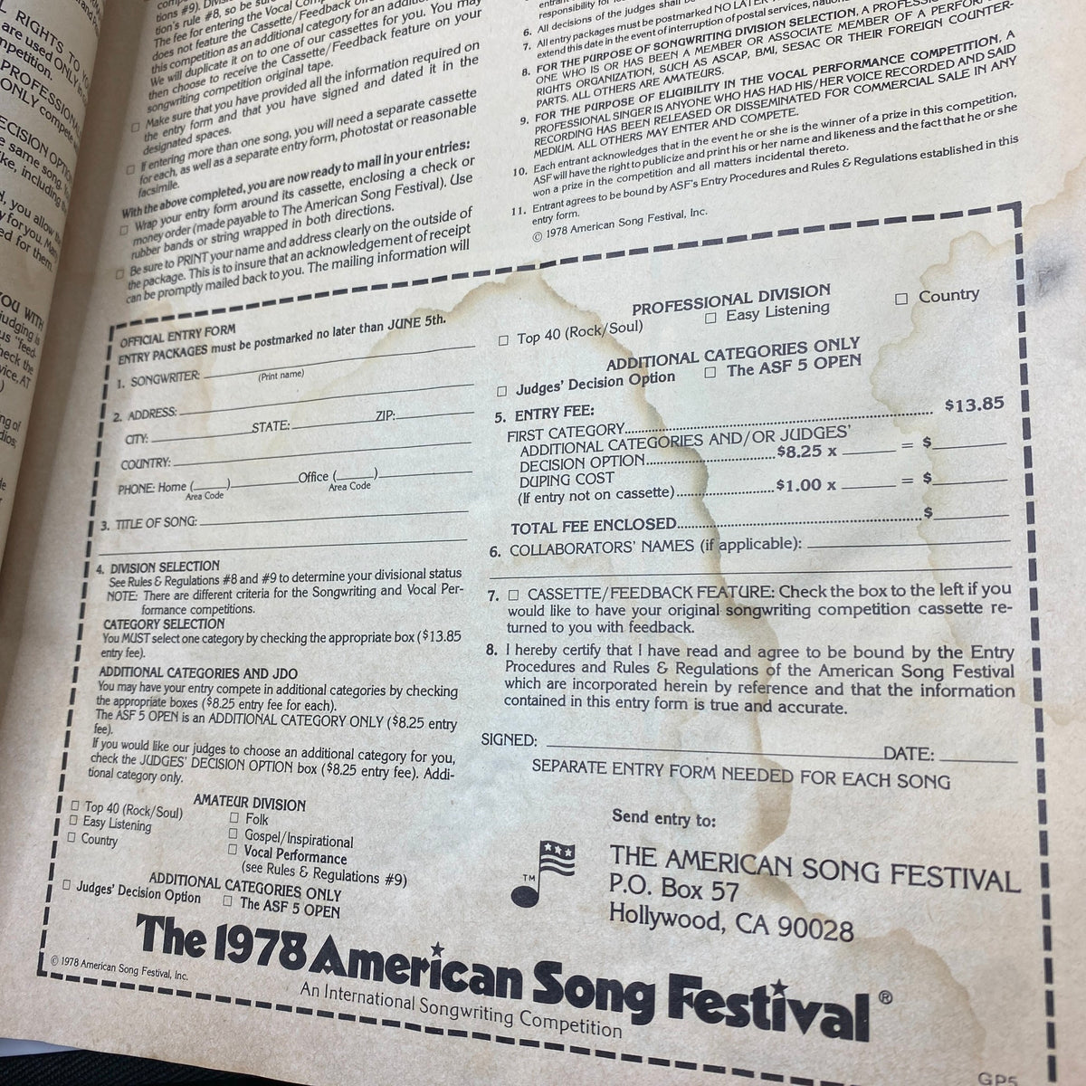 Entry form for the 1978 American Song Festival, featured in VTG Guitar Player Magazine May 1978, highlighting submission details for songwriters.