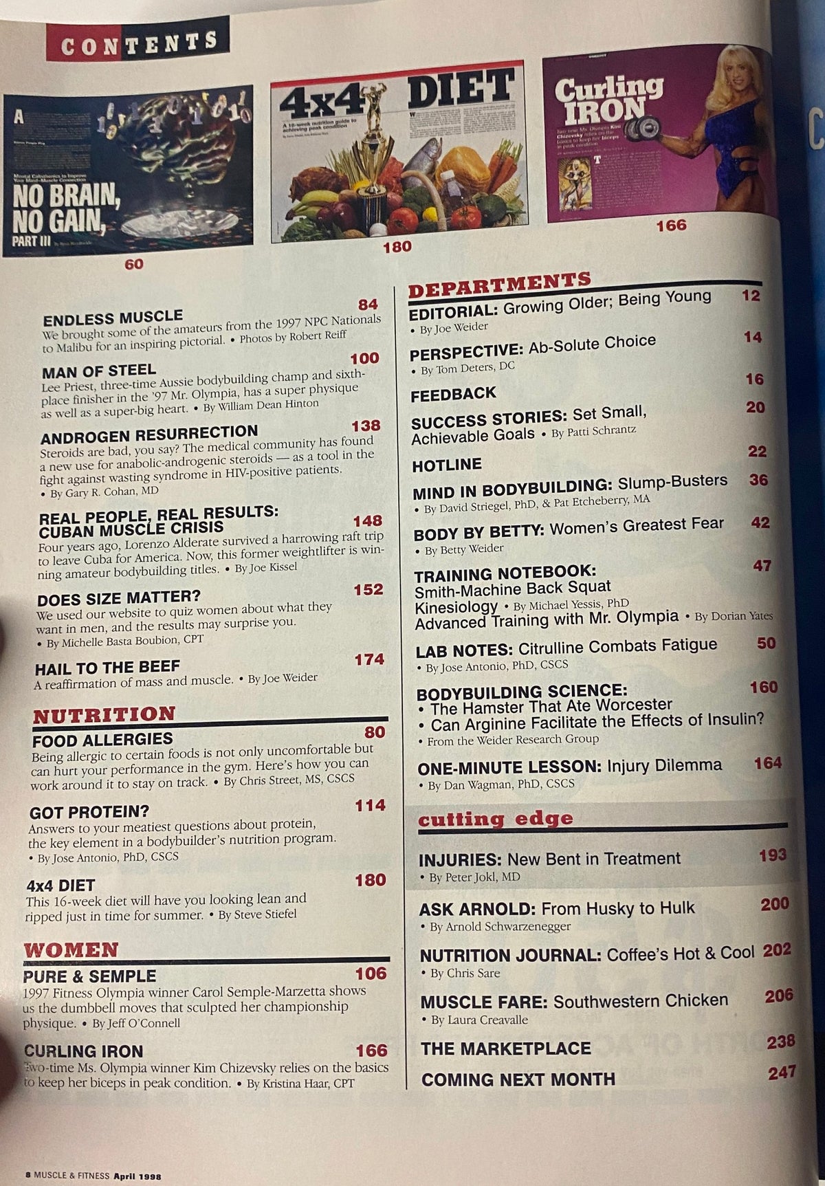 Contents page of Muscle & Fitness Magazine April 1998 Vol 59 No. 4 featuring articles on bodybuilding, nutrition, and training programs, alongside visuals for features like '4x4 Diet' and 'Curling Iron'.
