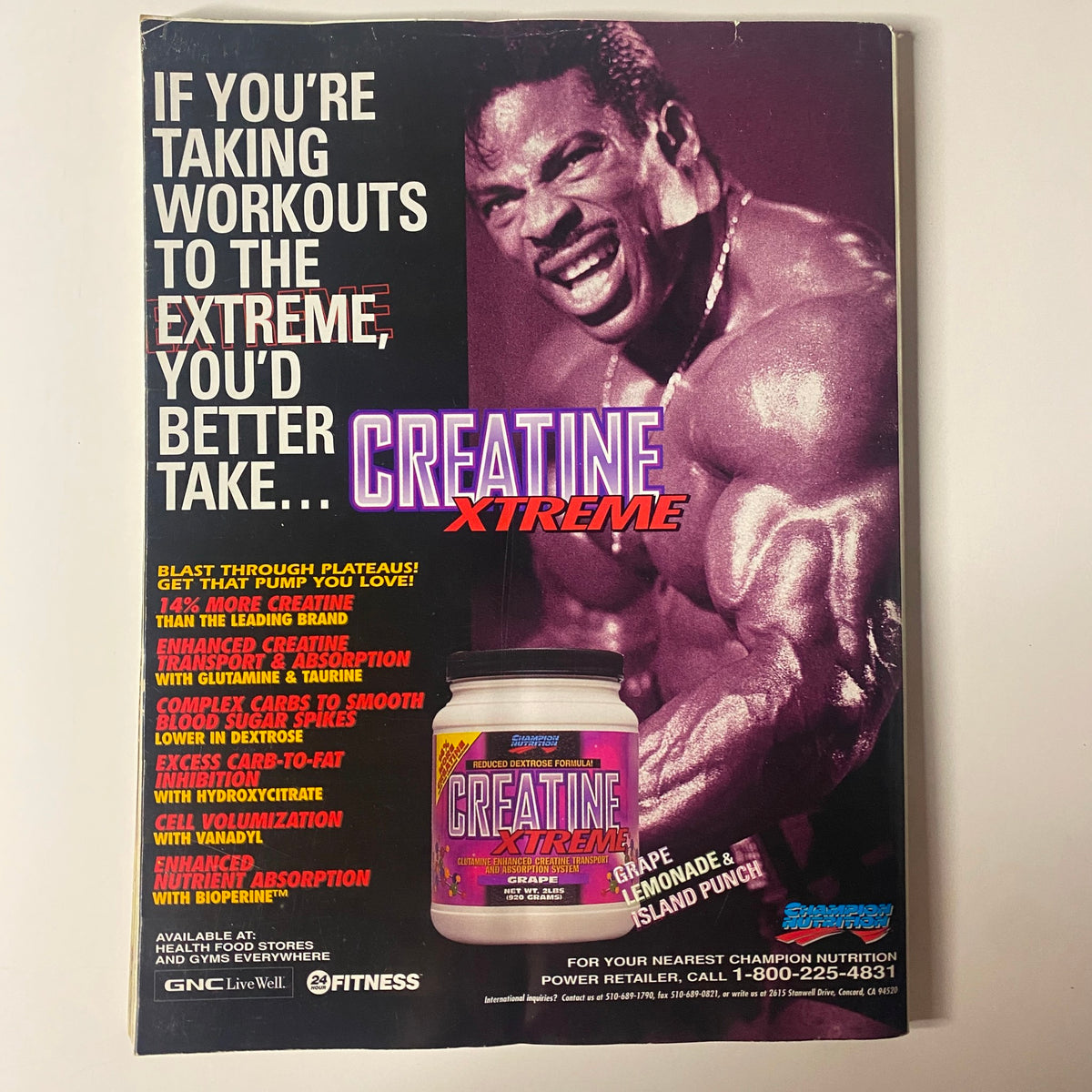 Advertisement for Creatine Xtreme from Muscle & Fitness Magazine April 1998 Vol 59 No. 4, showcasing a muscular athlete and promoting the benefits of creatine for workout performance.