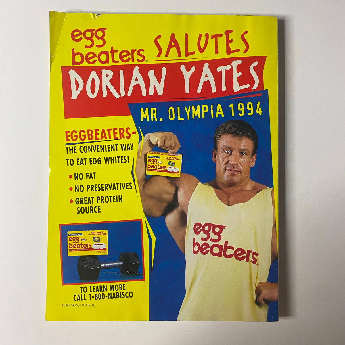 Egg Beaters advertisement featuring Dorian Yates as Mr. Olympia 1994, promoting Egg Beaters as a no-fat, convenient protein source for fitness enthusiasts.