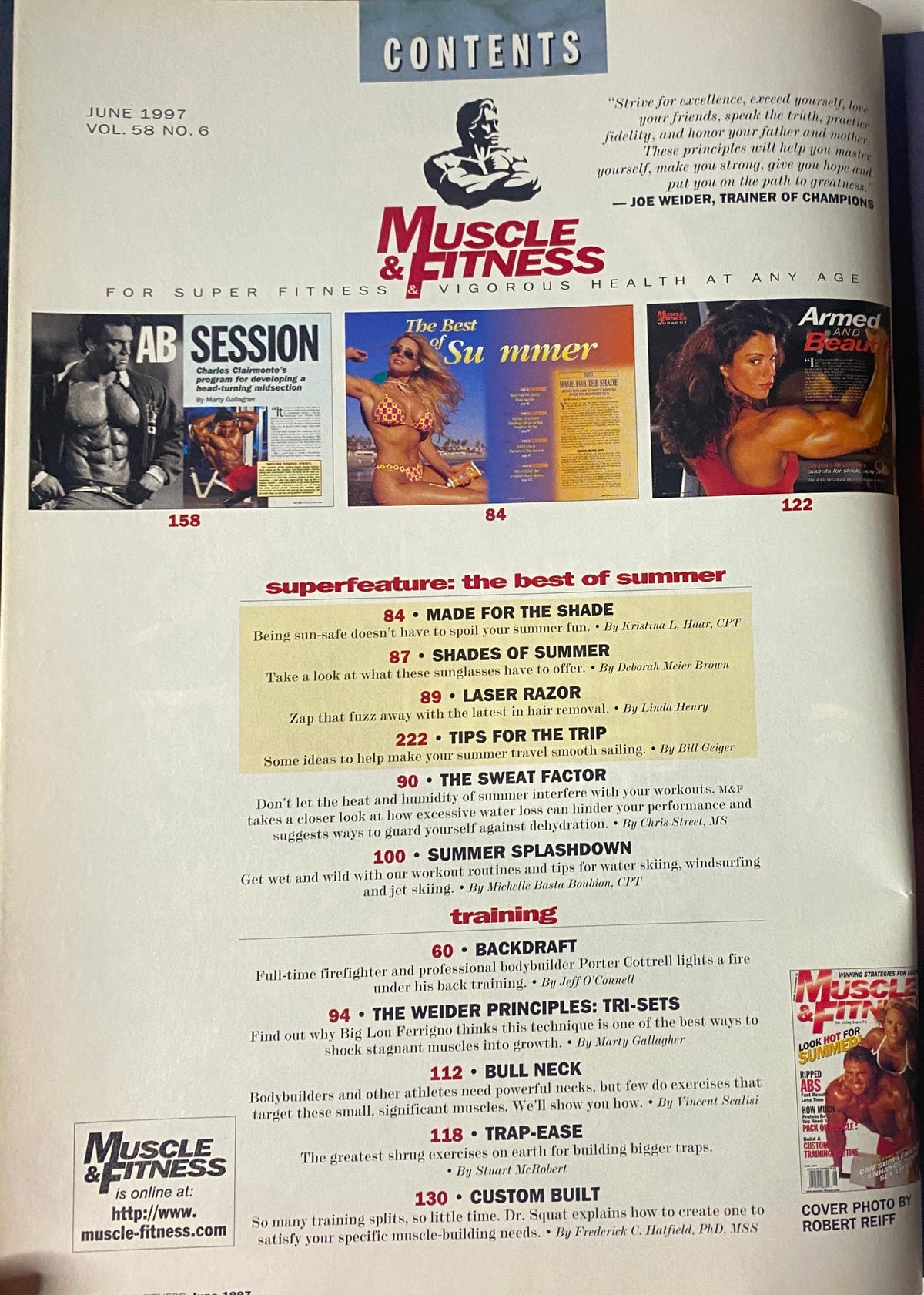 Contents page of Muscle & Fitness Magazine June 1997 detailing articles including 'AB Session,' 'Superfeature: The Best of Summer,' and 'Supplemental Sex'.