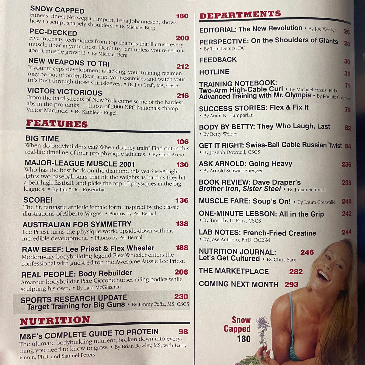 Contents page of Muscle & Fitness Magazine June 2001 outlining various articles including 'Snow Capped' and 'Department' features.