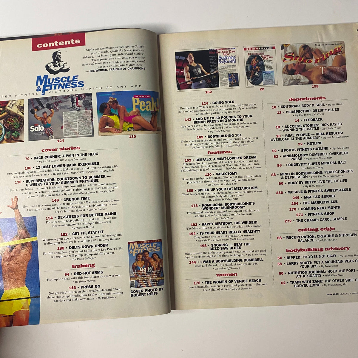 Contents page of Muscle & Fitness Magazine June 1995 displaying articles and features including fitness tips and routines.
