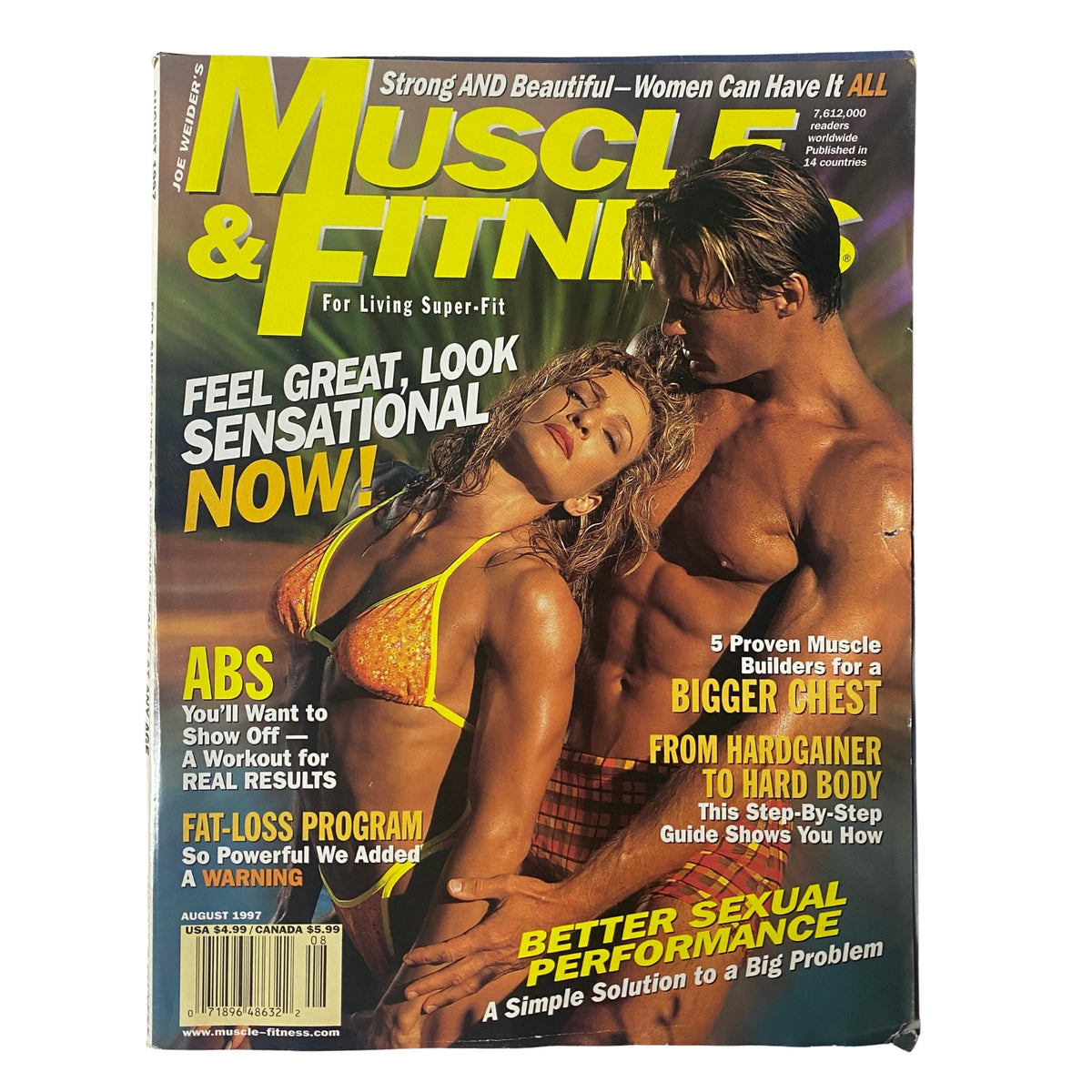 Cover of Muscle & Fitness Magazine, August 1997, featuring Flex Wheeler and highlighting fitness topics like abs and fat-loss programs.